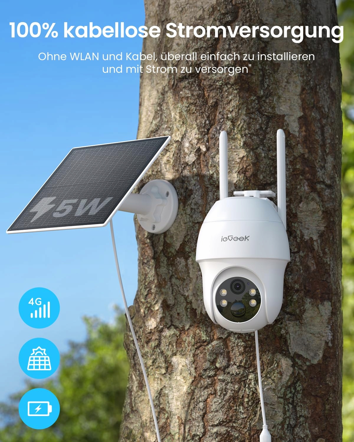 IEGEEK Kamera Zewnętrzna 4G LTE 2K Solarna z SIM PIR 350° 15M Audio — miniatura 3