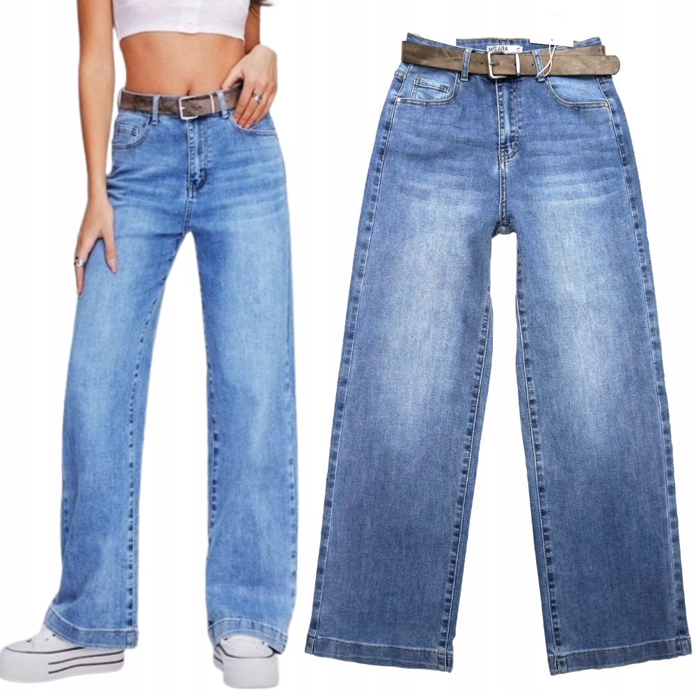 M.sara Modne Spodnie Jeansowe Wysoki Stan Proste Szerokie Nogawki Pasek 48
