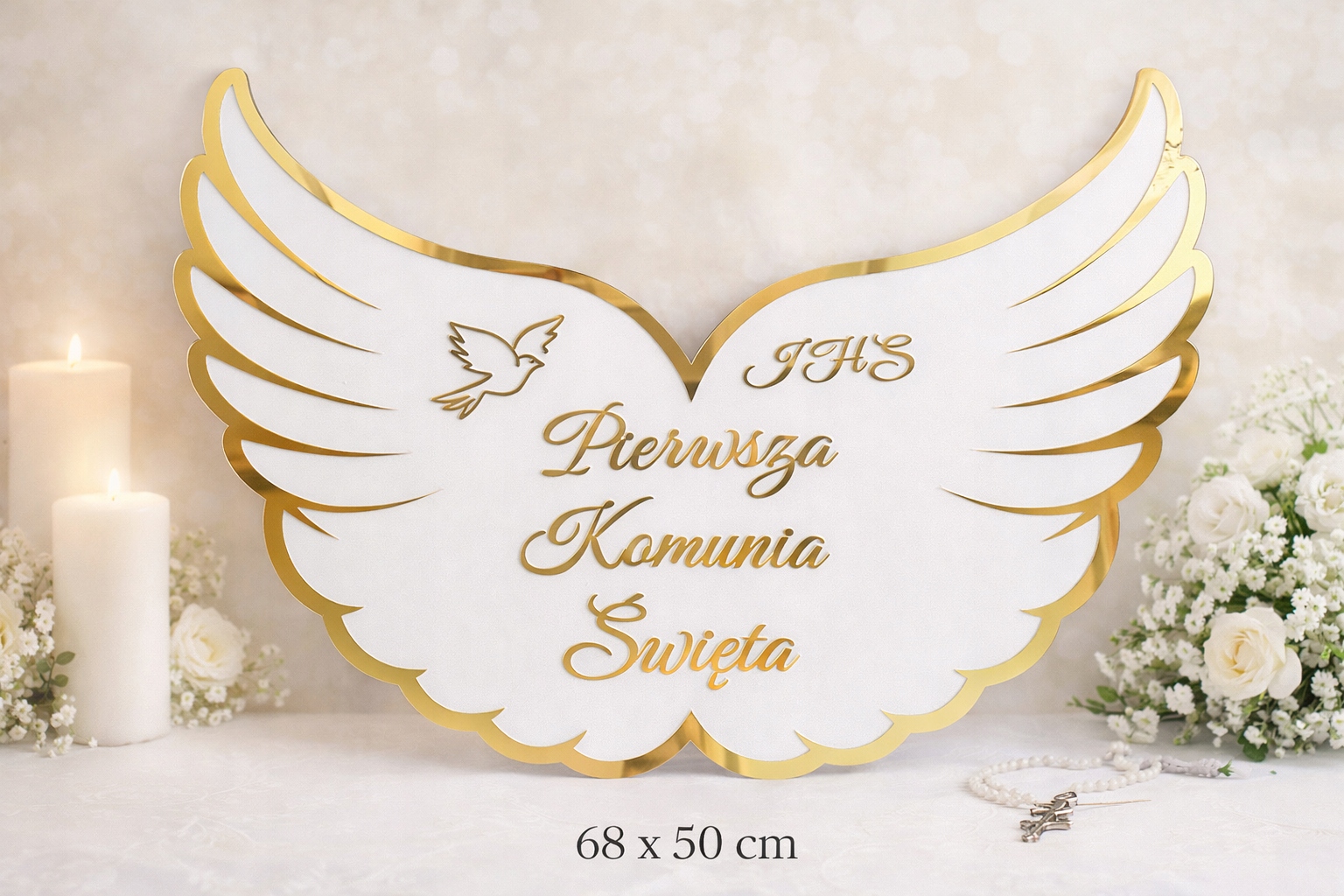 Dekorace na svaté přijímání – Křídla Ihs bílá se zlatým zrcadlem 68x50 cm