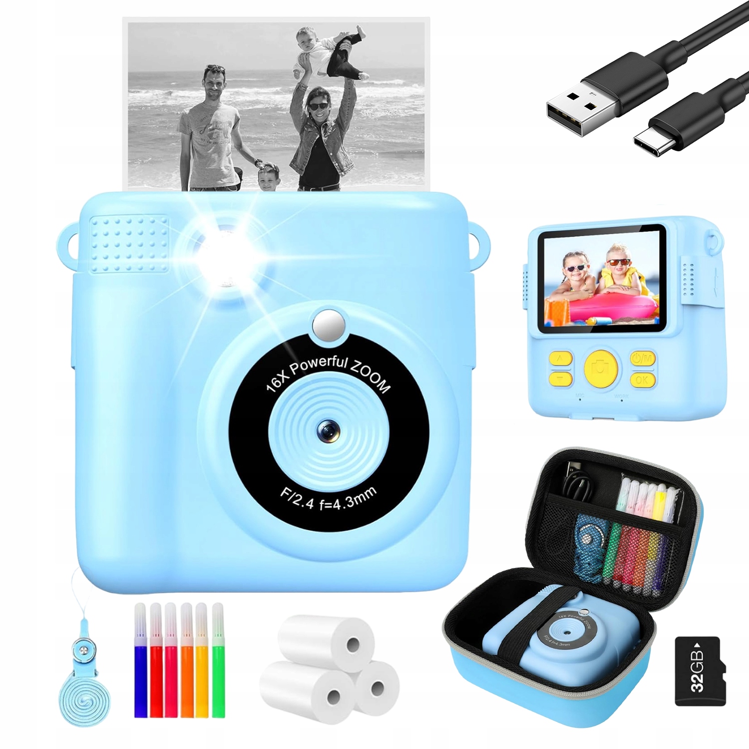 Fotoaparát Digitální Tiskárna Kamera Hračka Pro Děti +tf 32GB