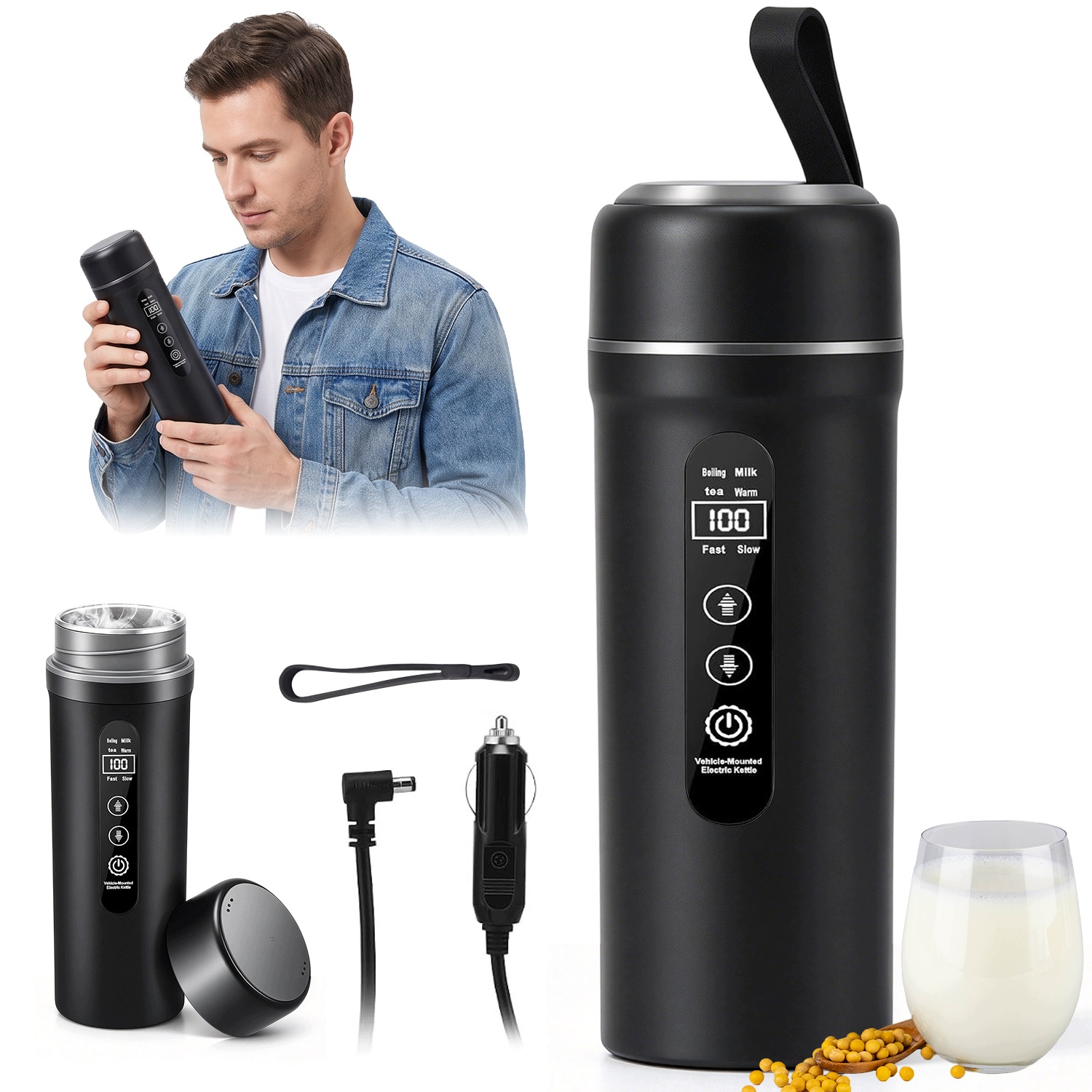 Termohrnek Do Auta 12V 24V Usb-c 500ML Ocel 316 LCD Vzduchotěsný
