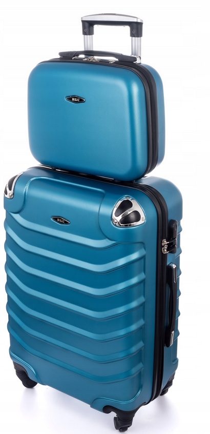 Zestaw 2W1 Duża Walizka Kuferek Abs Bagaż Niebieski Metaliczny