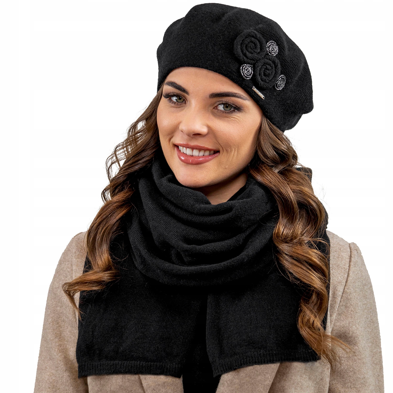 Komplet Beret a Šála Vivisence 7037 Kmpl černý baret šála vlna