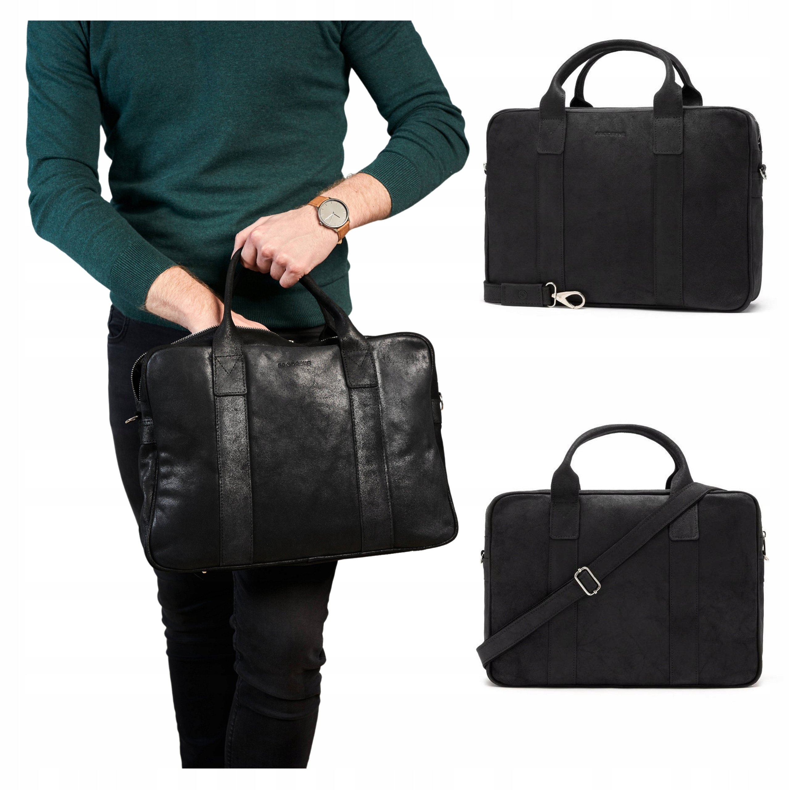Pánská kožená taška na Notebook pro práci s ramenním popruhem Brodrene, černá