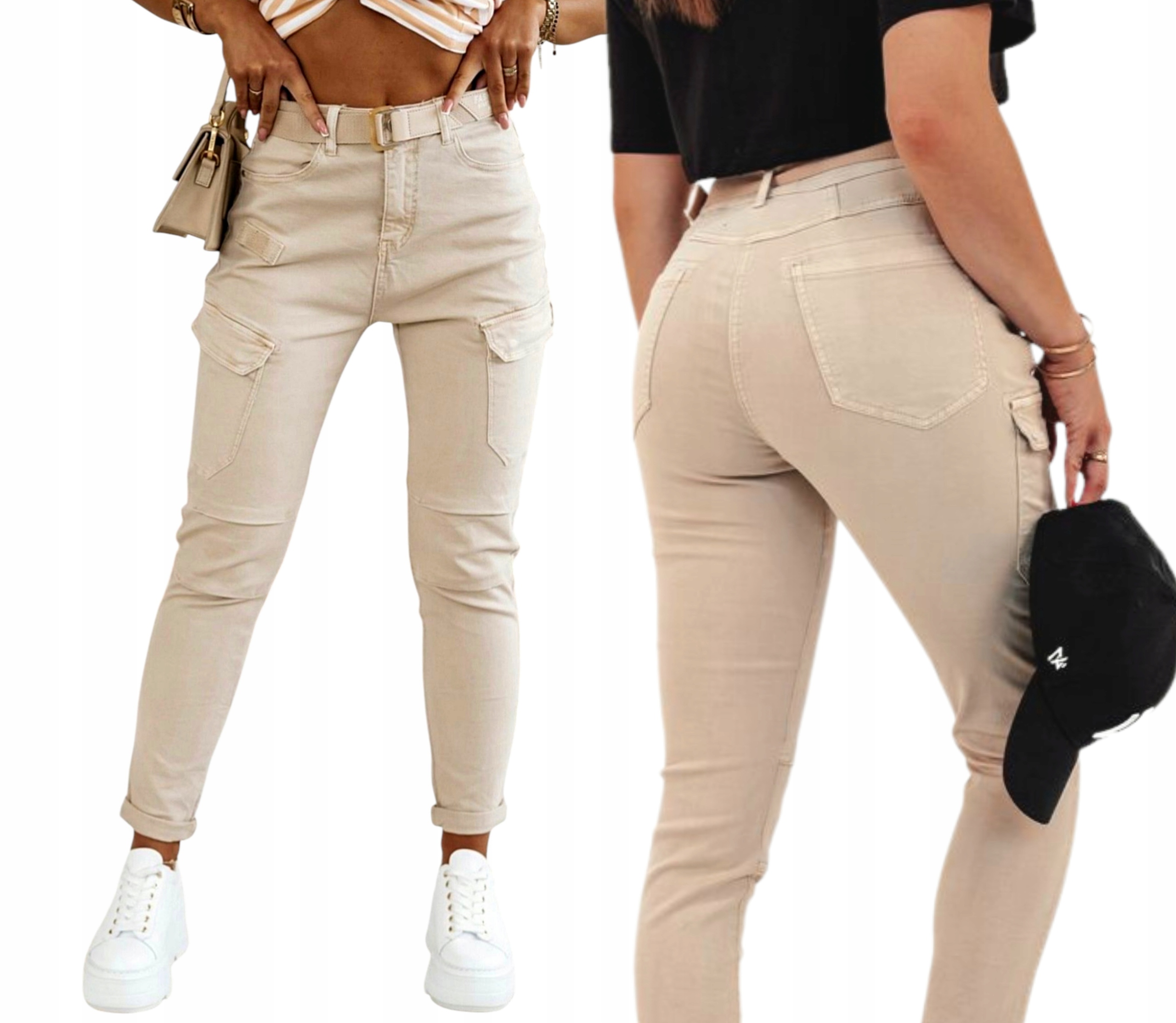 Dámské Látkové Kalhoty Kapsáče S Páskem vel. Xs 34 Béžové, pružné