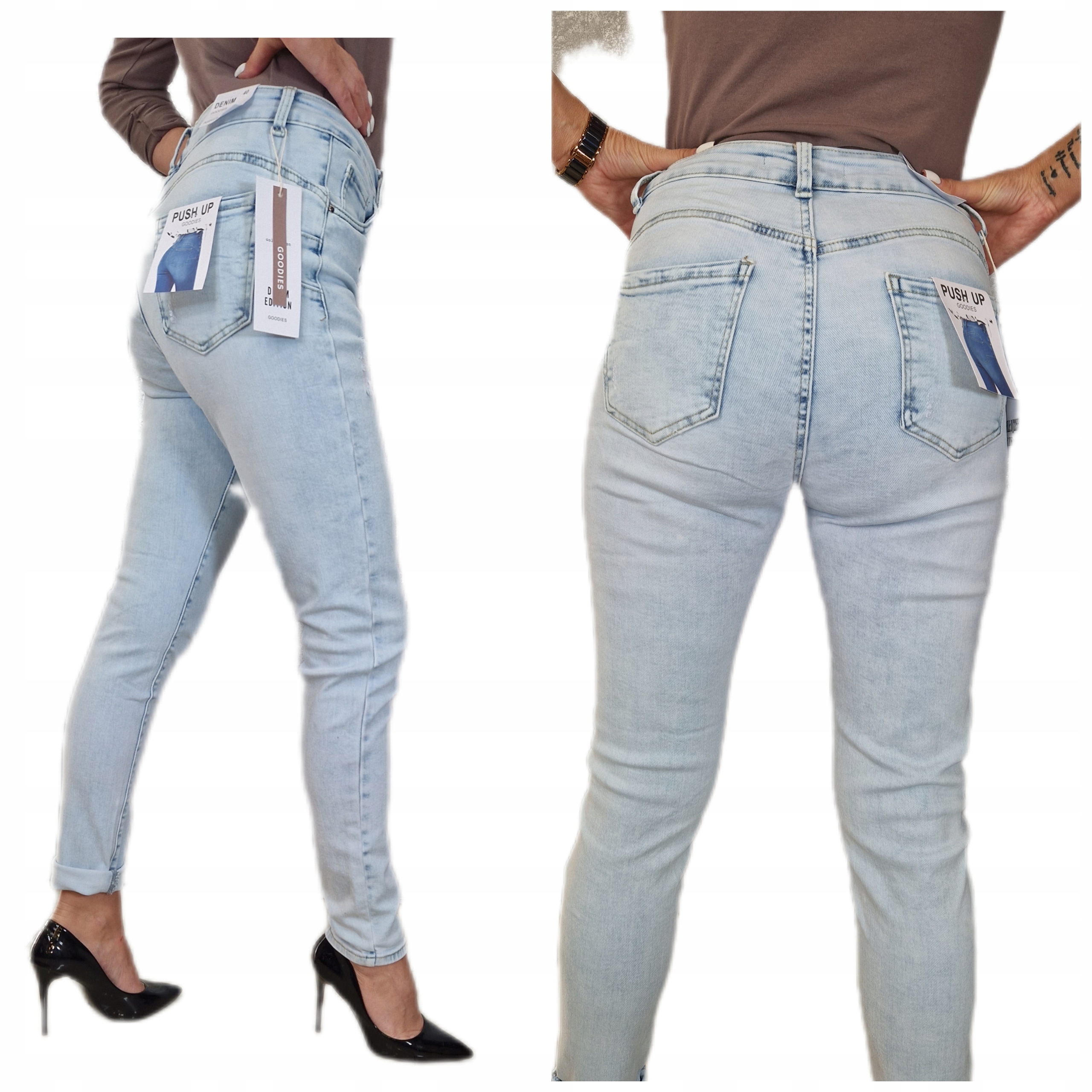 Spodnie Damskie Błękitne Jeansy Modelujące PUSH UP Długość nogawki długa