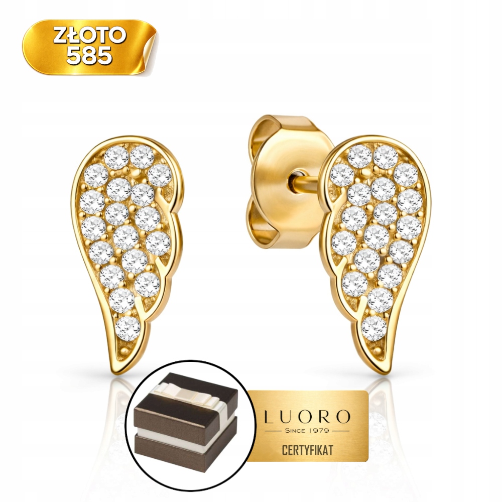 Náušnice Zlaté 585 14K Křídla Se Zirkony Tyčinka 11 MM Elegantní