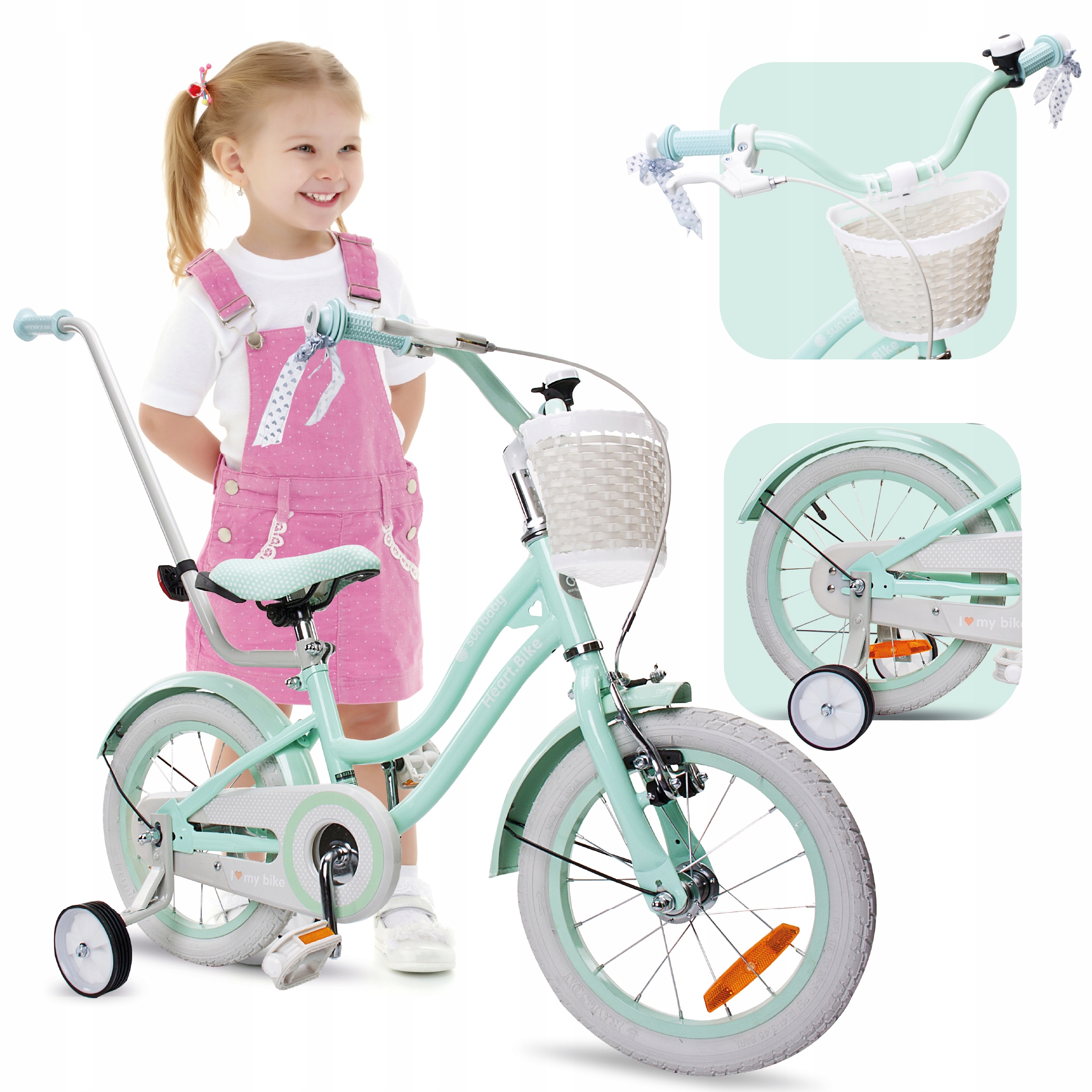 Rowerek 14 cali dla dziewczynki dziecięcy Pchacz Kółka boczne Koszyk Silver