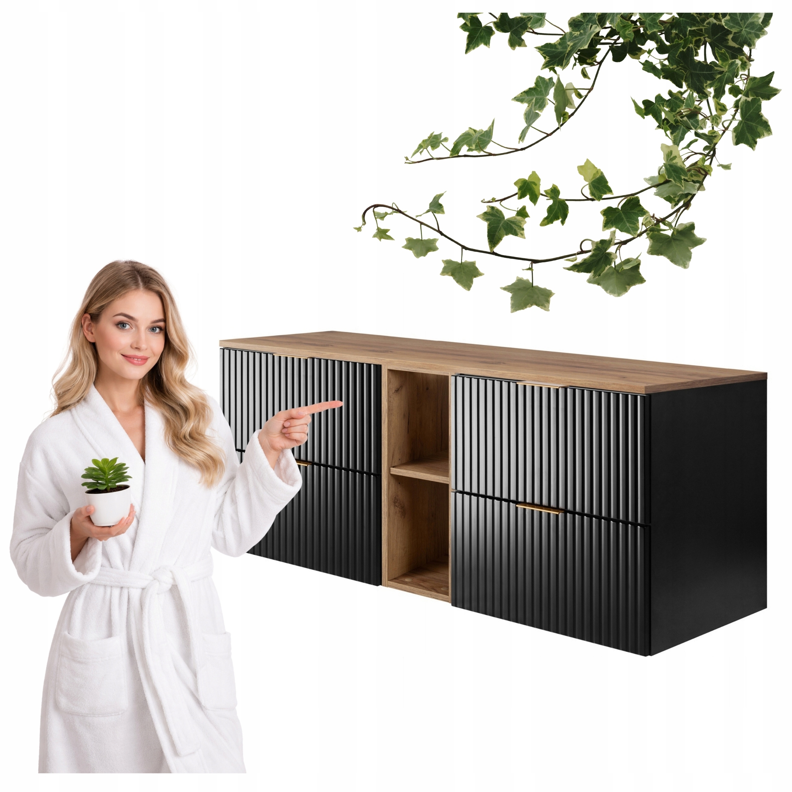 Szafka Łazienkowa Wisząca Czarna Regał Blat Dąb 140x46 CM Flisan Ryflowana