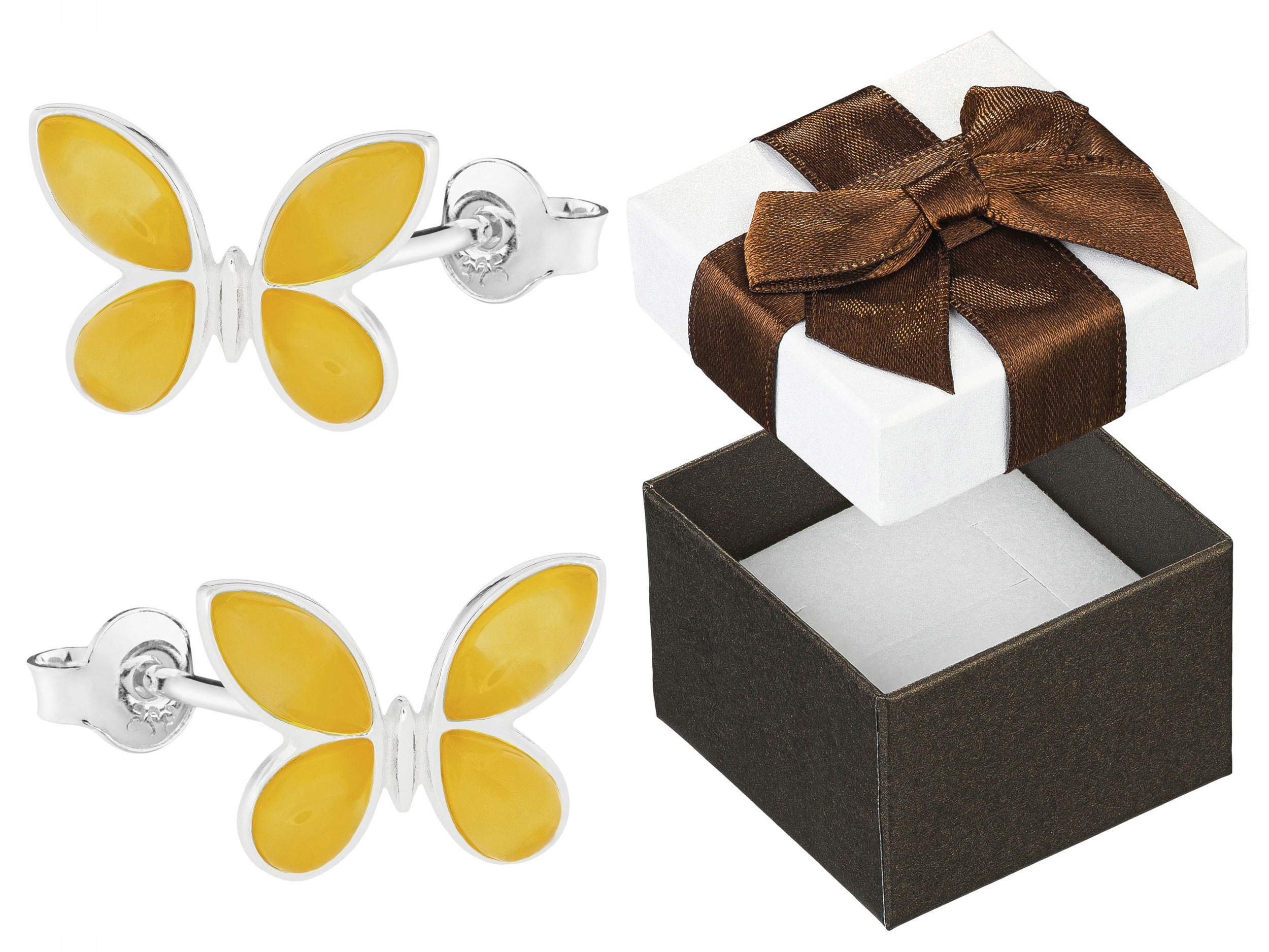 Stříbrné Náušnice Motýlci s Žlutým Jantarem Velké Dámské Puzetky Motýli