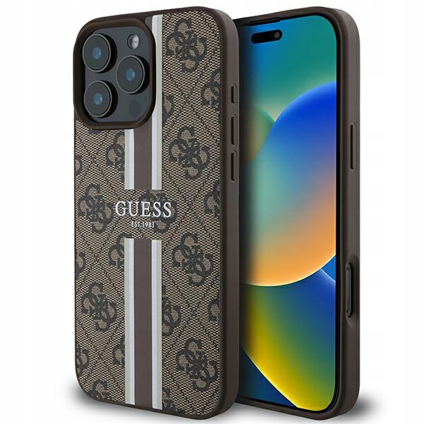 Etui Guess 4G Printed Stripes MagSafe do iPhone 16 Pro Max brązowy