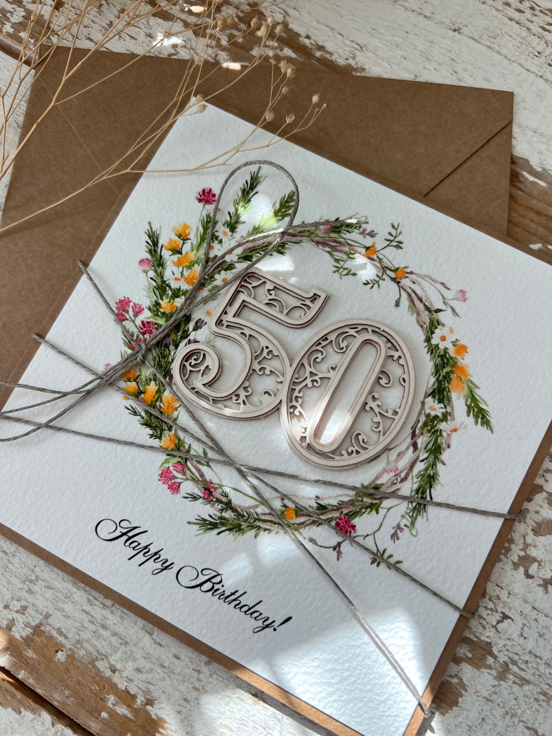 Ručně vyráběné narozeninové přání 50. narozeniny Happy Birthday card
