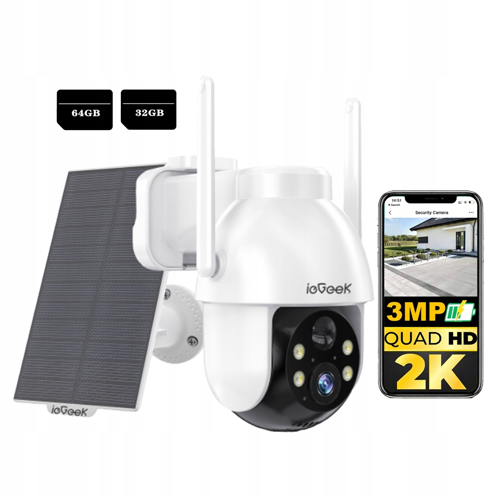 Solární otočná kamera 3MP Venkovní monitorovací kamera s pamětí na karty