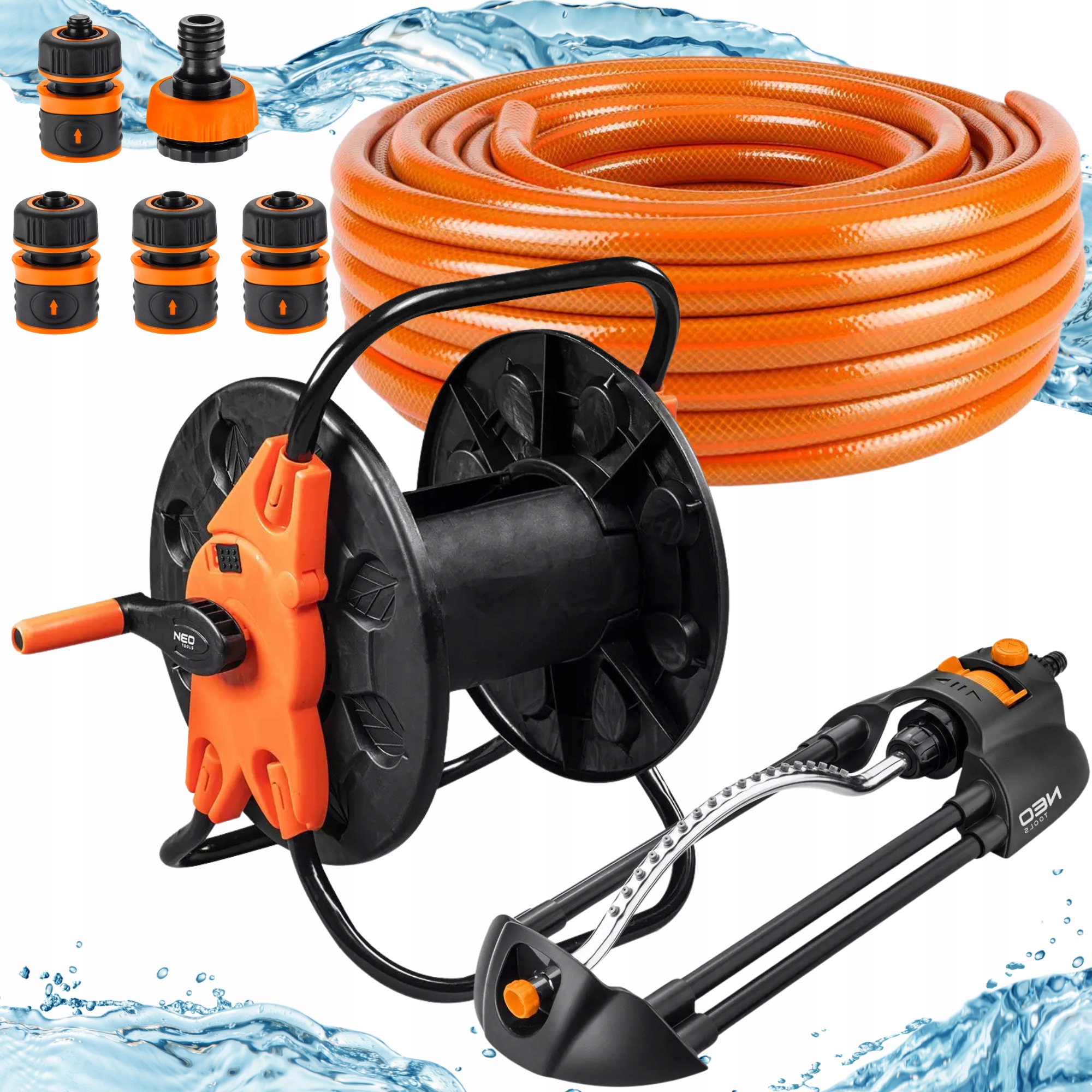Neo Wąż Ogrodowy Mocny 20m 1/2" Bęben Stojak Zraszacz +Złączki Komplet