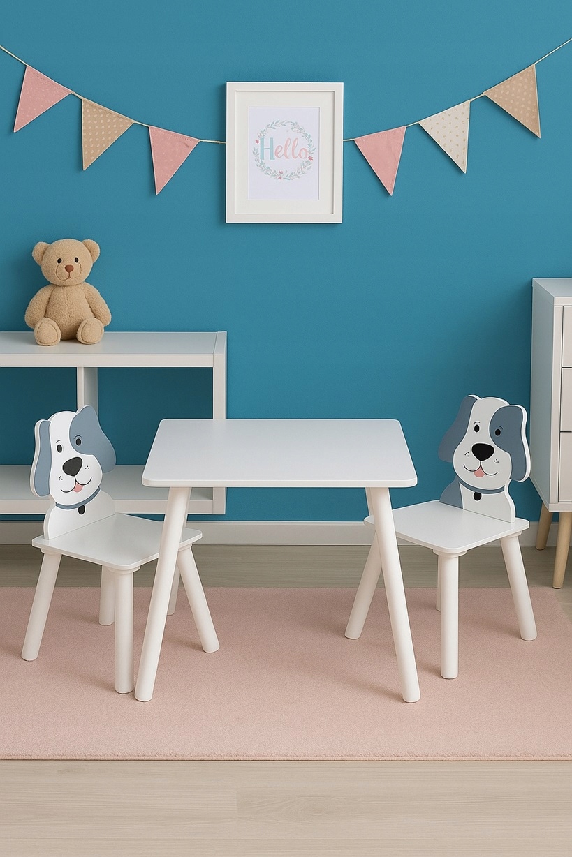 ŠUNS ŠUNS BALTAS STALAS VAIKIŠKAS MEDINIS STALAS 2 KĖDĖS SKANDINAVIŠKO STILIAUS kolekcija