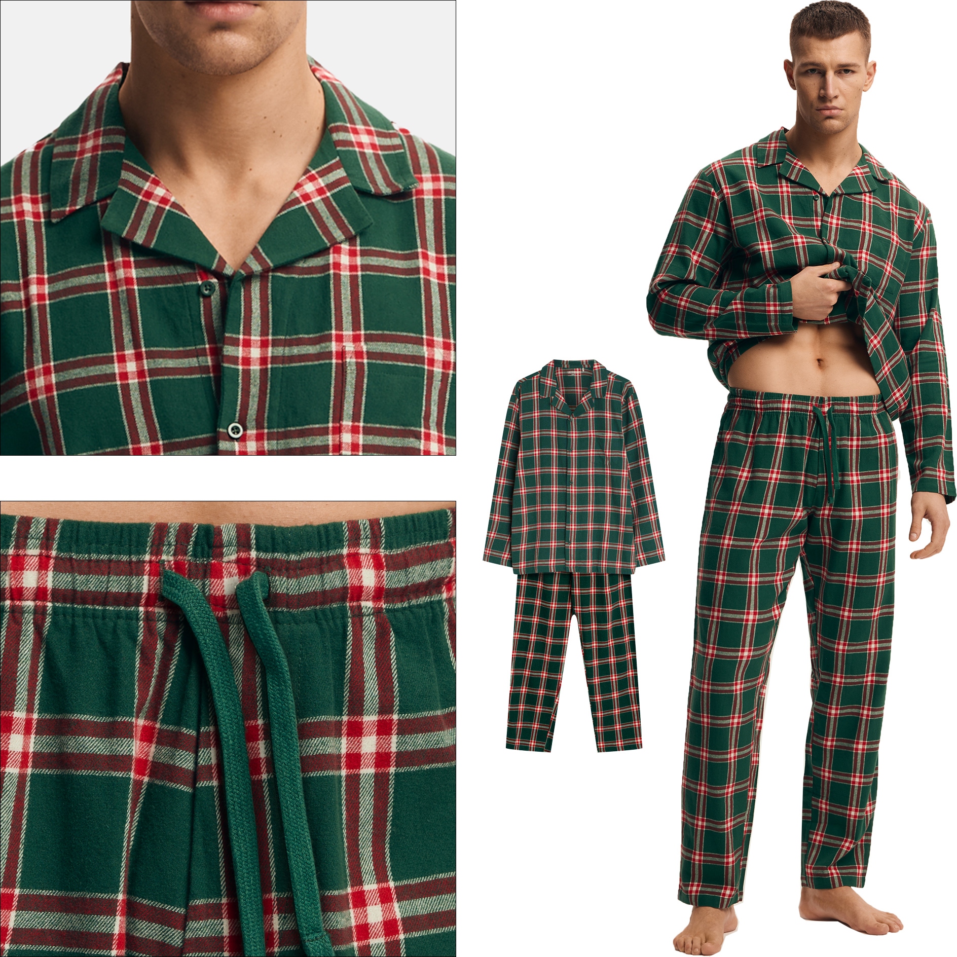 Henderson pánské pyžamo dlouhé Flanelové Rozepínací na zavazování Premium zelené XL