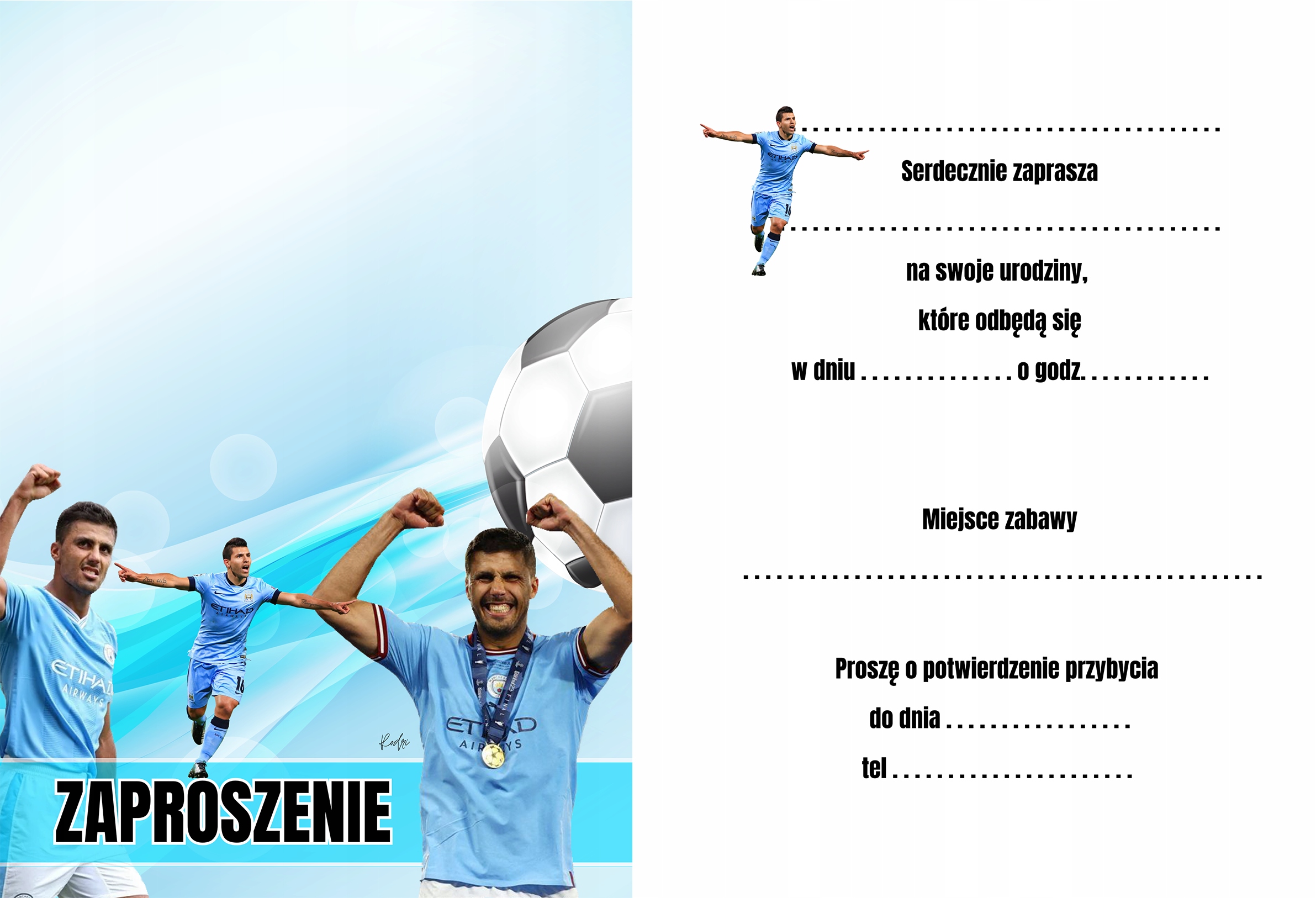 ZAPROSZENIE RODRI MANCHESTER CITY PIŁKARZE ZAPROSZANIA URODZINOWE 20x15 cm Marka inna