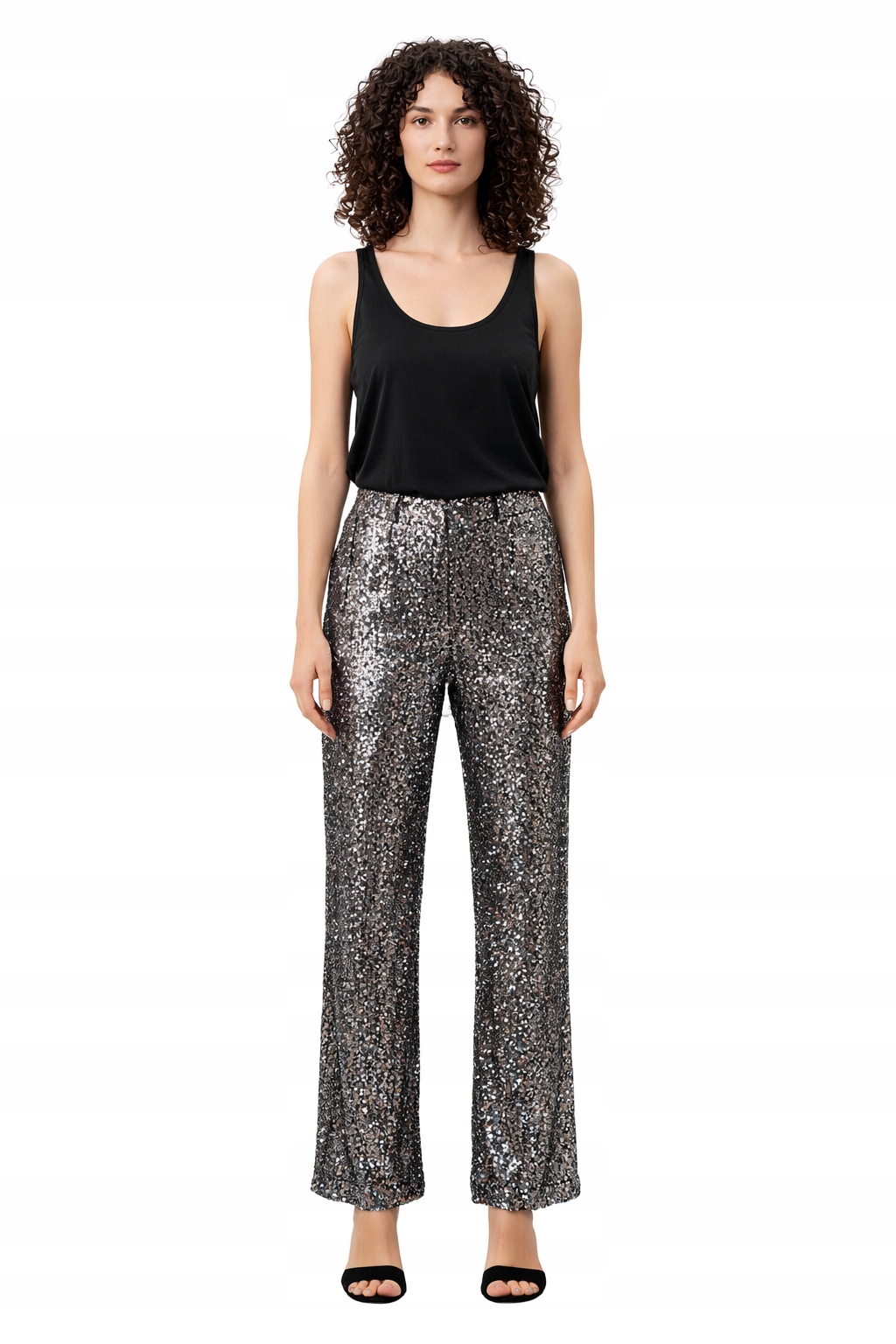 Elegantní Stříbrné Flitrové Kalhoty Jednoduché Dlouhé L I4A