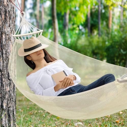 CAMPING HAMAK Z NYLONU DO OGRODU PLAŻY I KEMPINGU 290x150CM BIAŁY — miniatura 6
