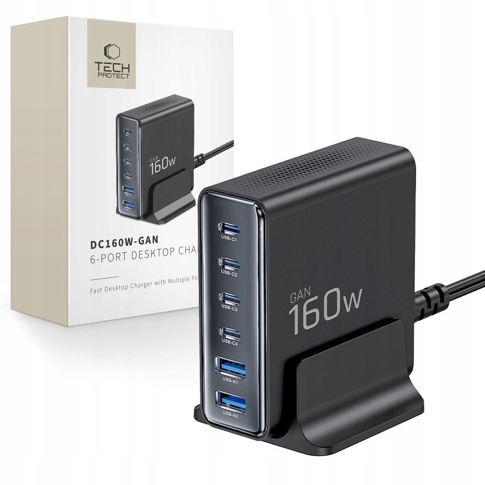 Tech-protect DC160W-GAN 6-PORTOVÁ Nabíječka Pro Stolní Počítače Pd 160W QC3.0 Černá