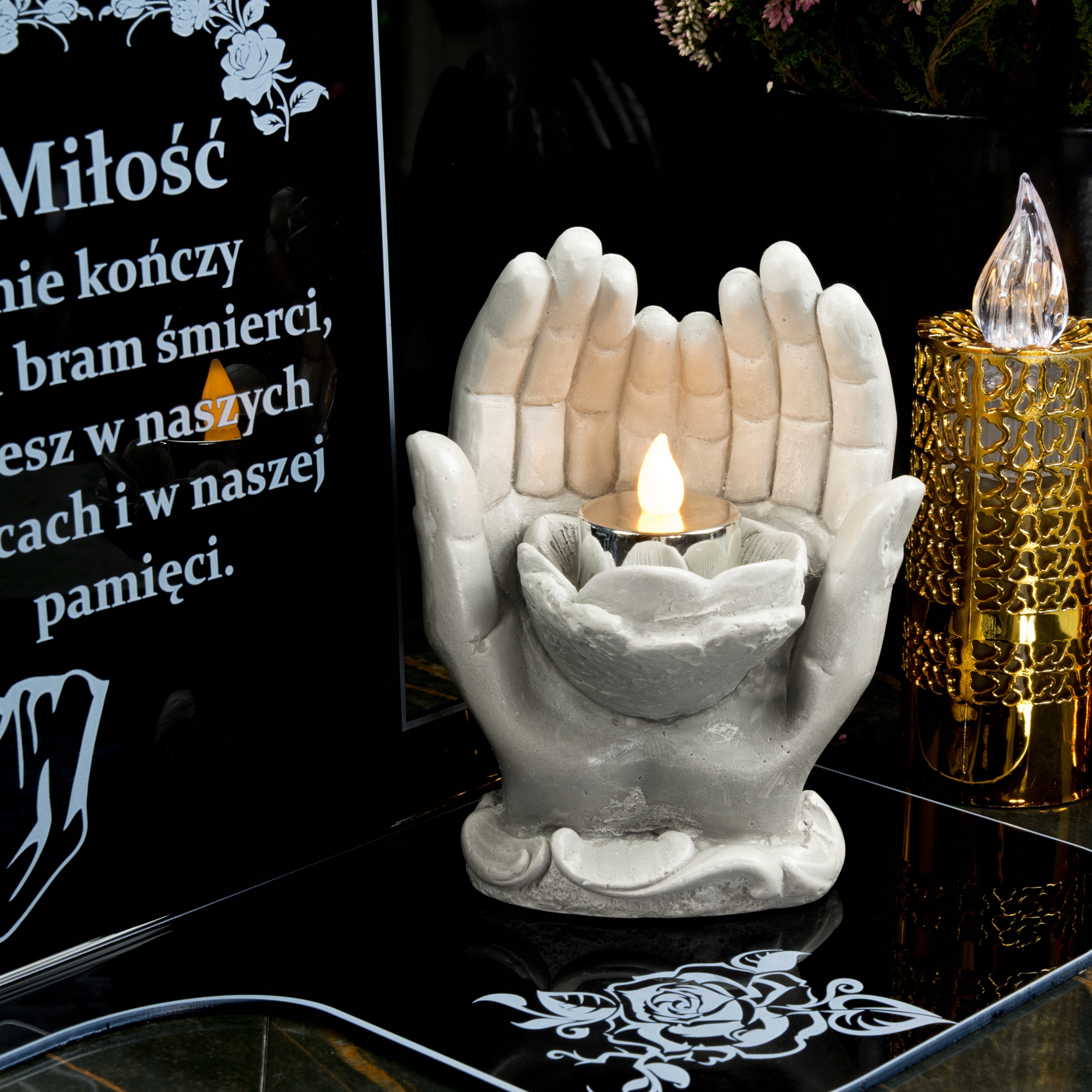 ZNICZ DŁONIE Z PODSTAWKĄ ELEGANCKI LAMPION RĘCE SZKŁO AKRYLOWE Typ LED