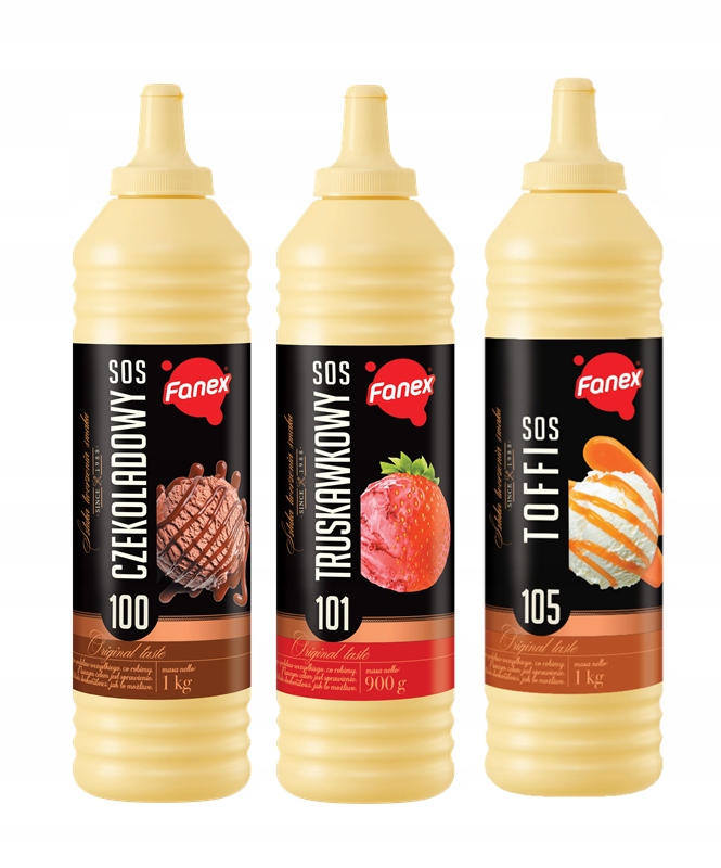 Zestaw 3 słodkich sosów Fanex Truskawkowy 900G Czekoladowy 1KG Toffi 1KG