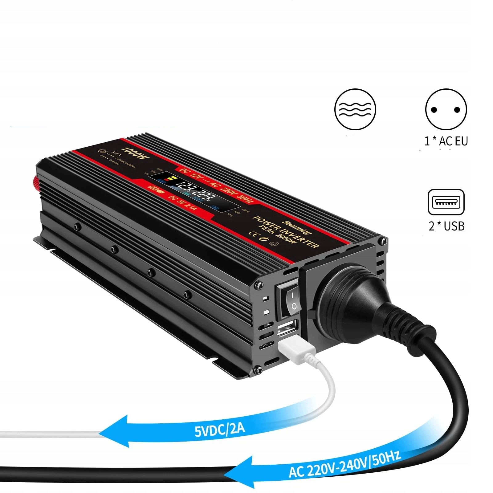 Inwerter samochodowy 12V 24V 230V 2000W przetwornica napięcia Usb
