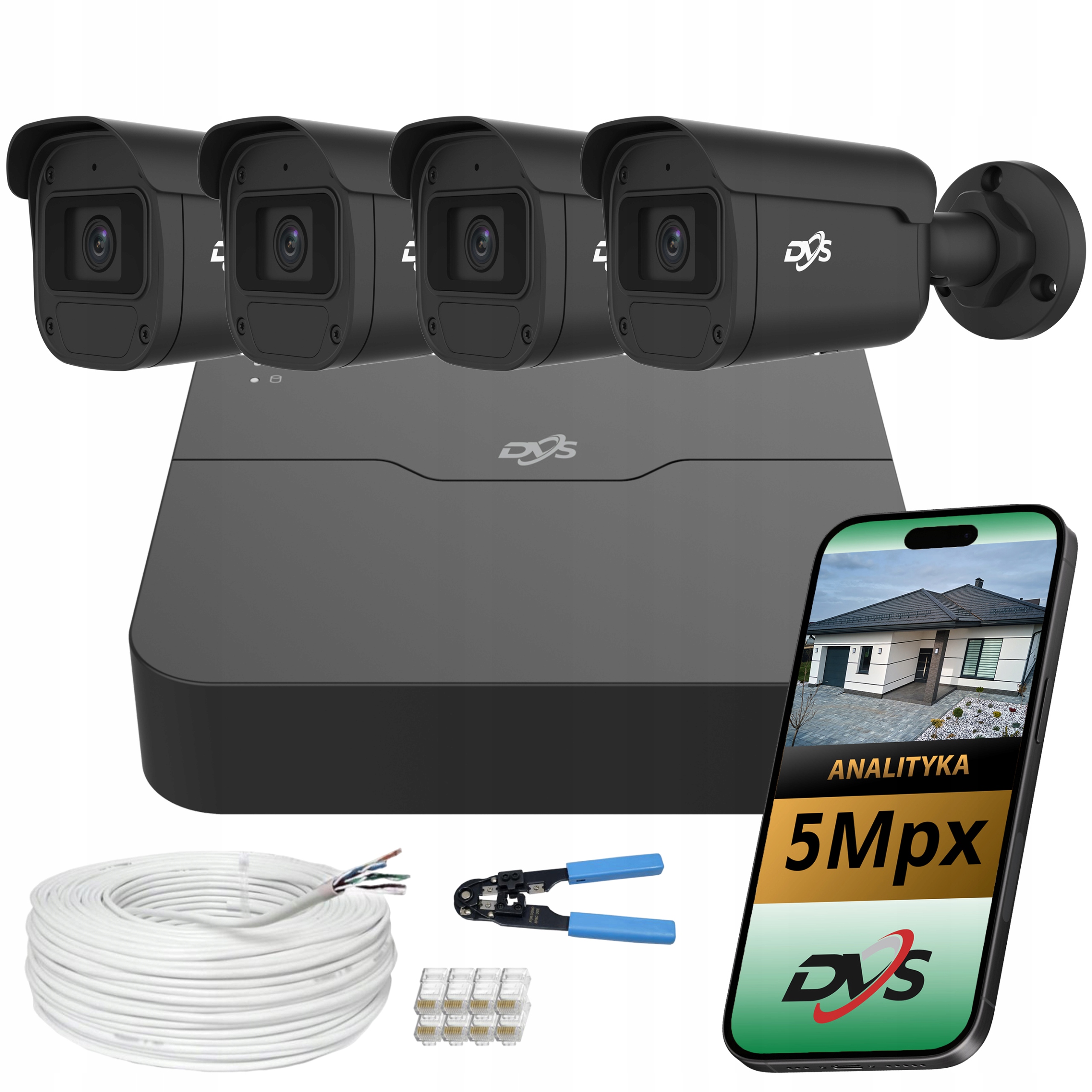 Sada Ip monitoringu PoE 4 čierne vonkajšie kamery Smart App Pro pre domácnosť