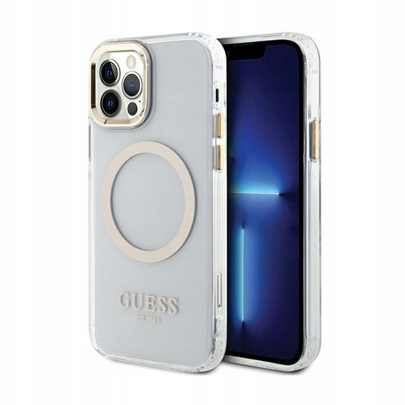 Pouzdro Guess Metal Outline MagSafe pro iPhone 12 iPhone 12 Pro průhledný