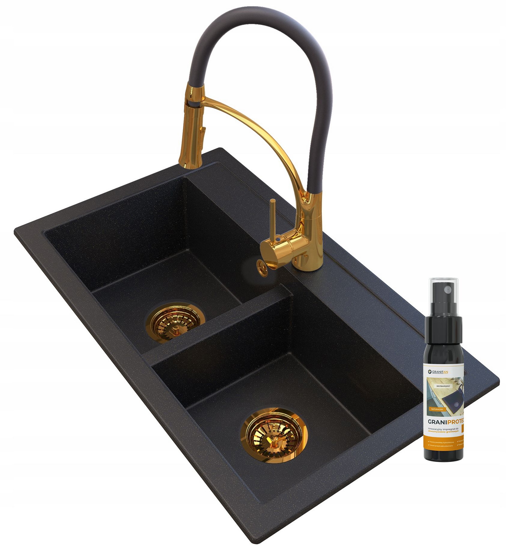 

Złoty Czarny Zlew Granitowy Duet Bateria Syfon