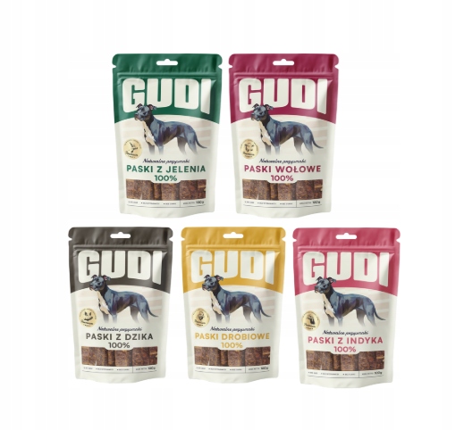 Levně Pochoutky Pásky pro psa Gudi 5x100g MIX Chutí 100% Maso Testovací sada