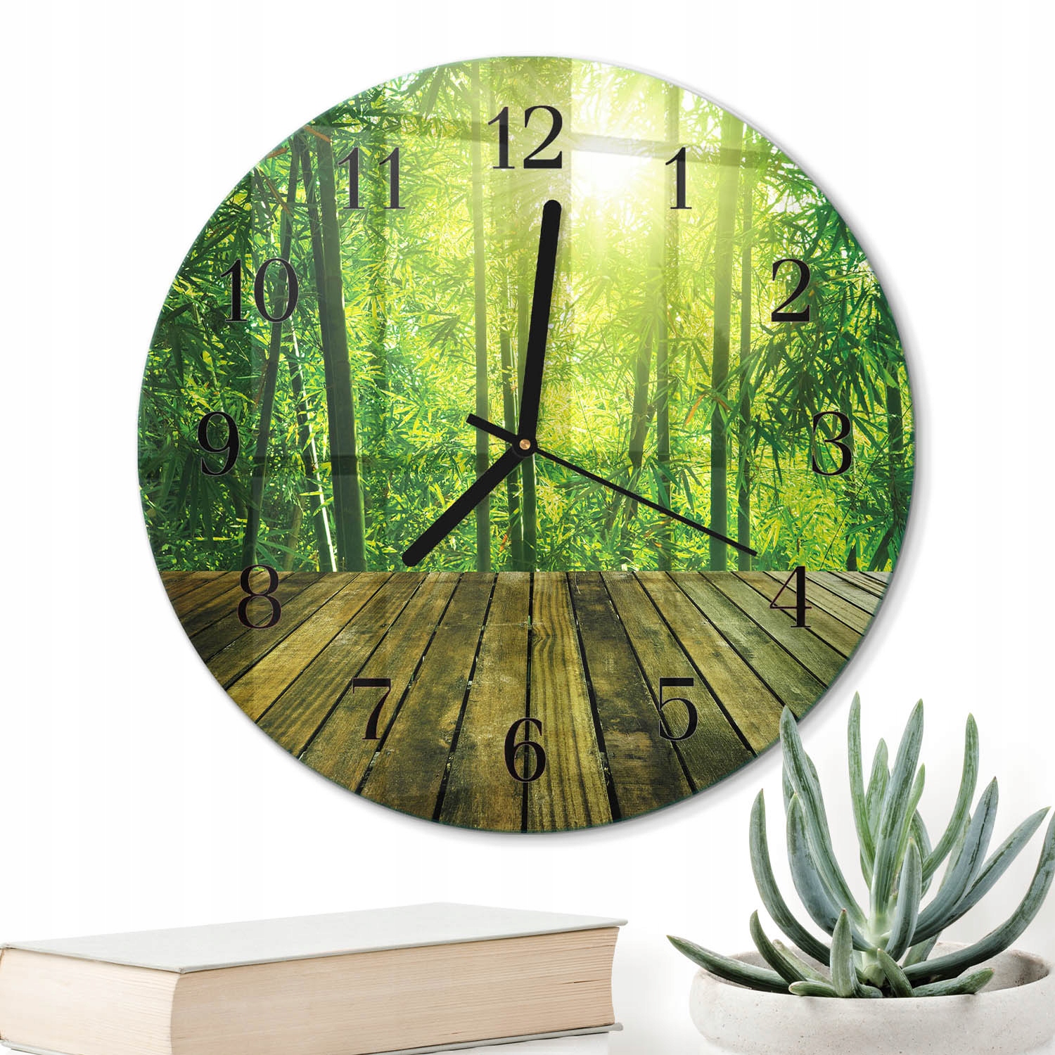 Elegantní Kulatý skleněný hodinový stroj o průměru 30 cm na zeď s bambusovým vzorem