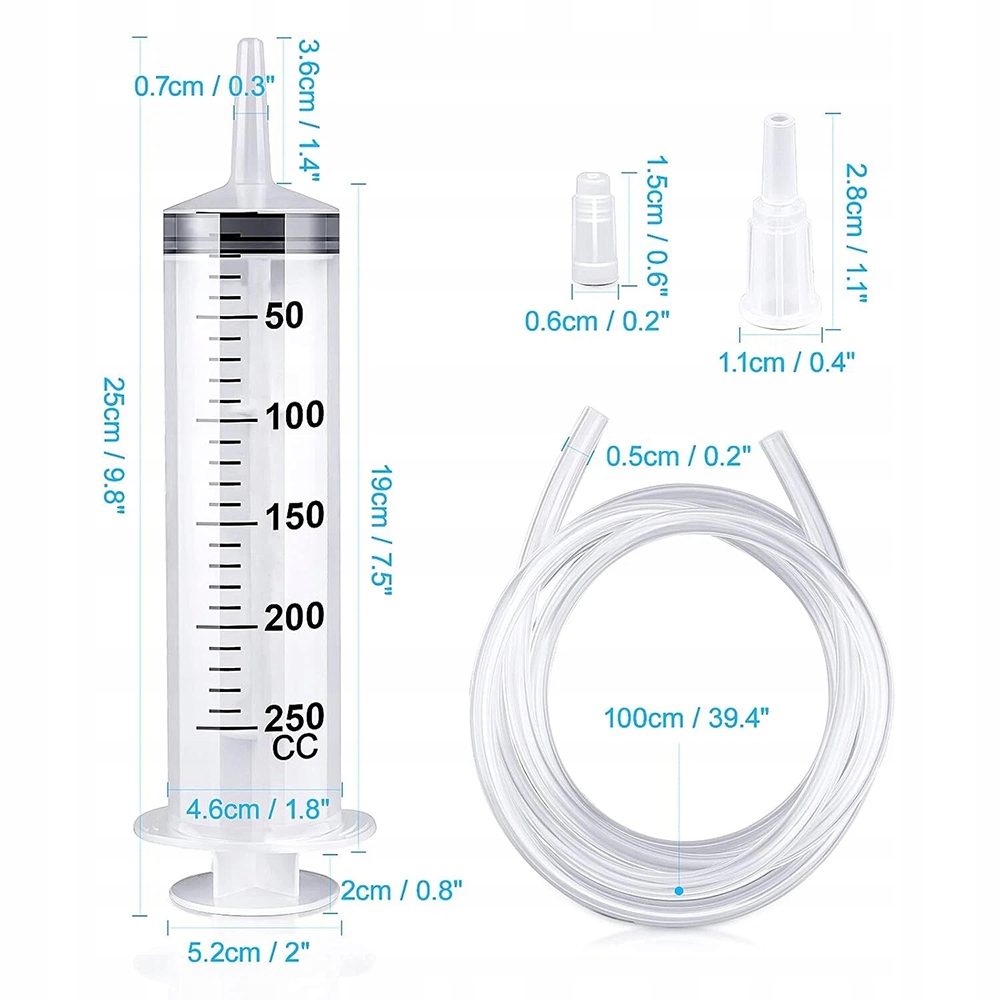 DUŻA STRZYKAWKA CEWNIKOWA 250ML + WĄŻ 1M + ADAPTER