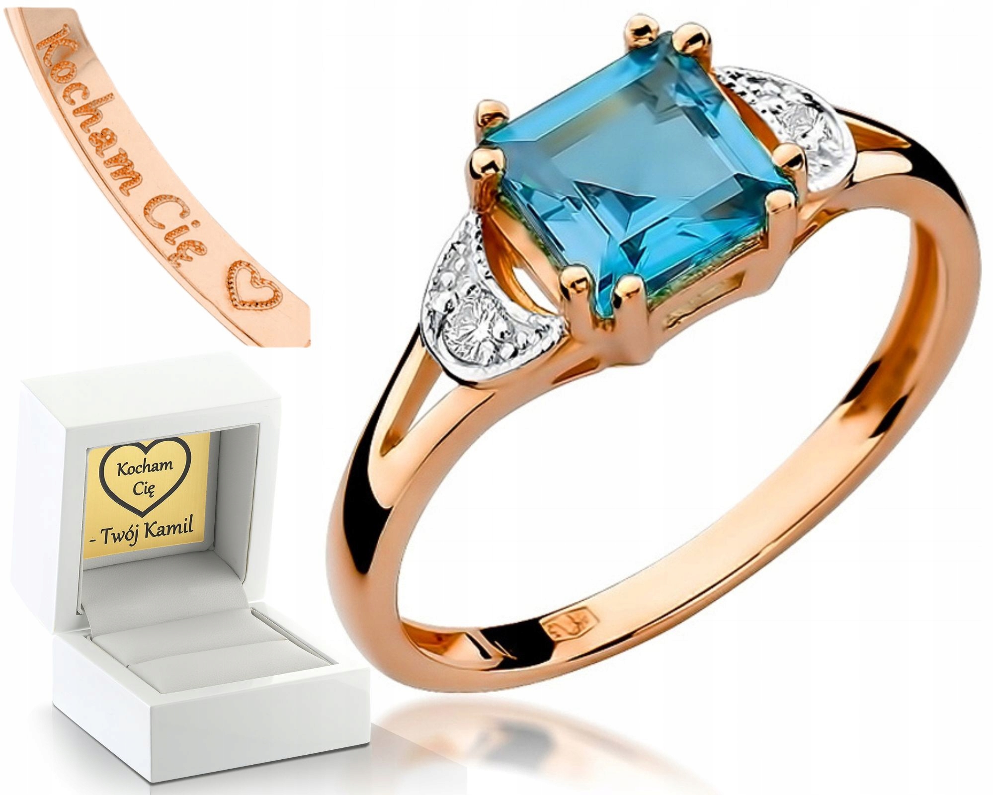 Prstýnek Topaz Brilianty 585 Růžové Zlato Gravírování