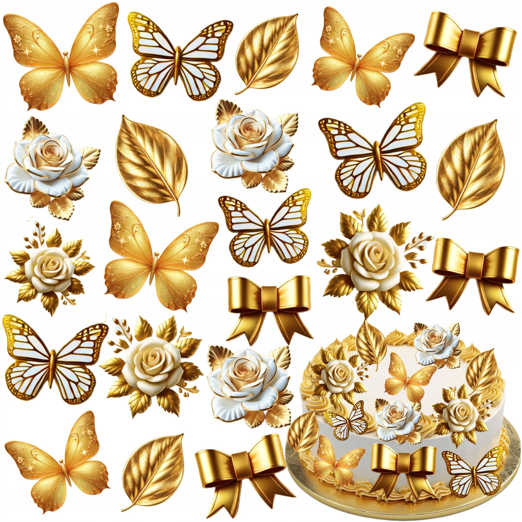 MOTYLE KWIATY WAFLOWE ZŁOTE BIAŁE KOKARDY NA TORT LIŚCIE DEKORACJA