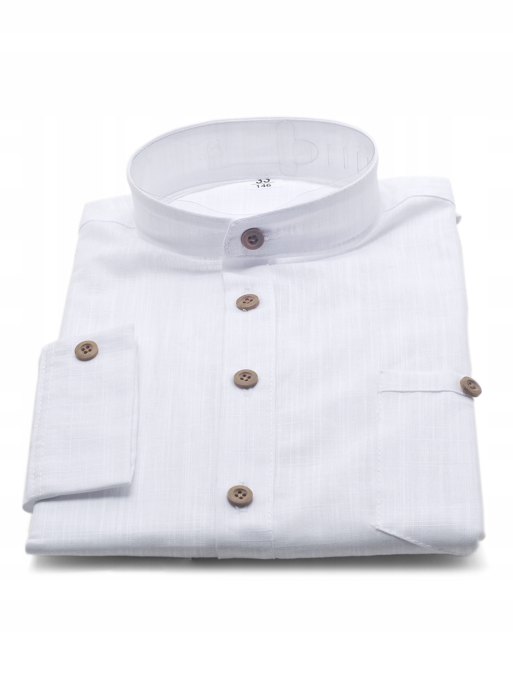 KOSZULA CHŁOPIĘCA BIAŁA LNIANA STRUKTURA Z DŁUGIM RĘKAWEM I ZE STÓJKĄ 146 Marka bez marki