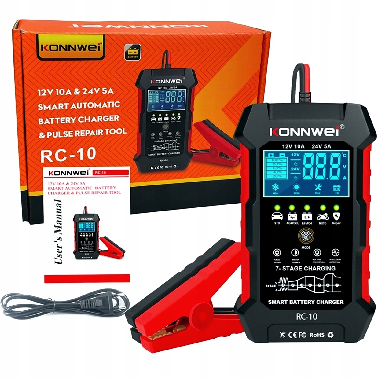 Inteligentny Prostownik 5A/10A 12V/24V Automatyczny Elektroniczny Cyfrowy