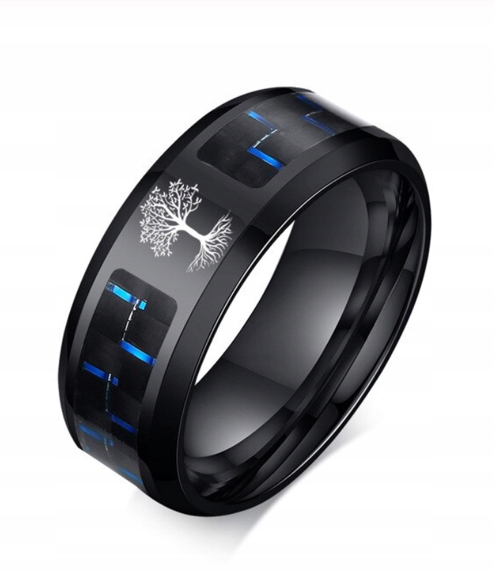 CZARNA OBRĄCZKA SYGNET PIERŚCIONEK WŁÓKNO WĘGLOWE DRZEWO ŻYCIA R20