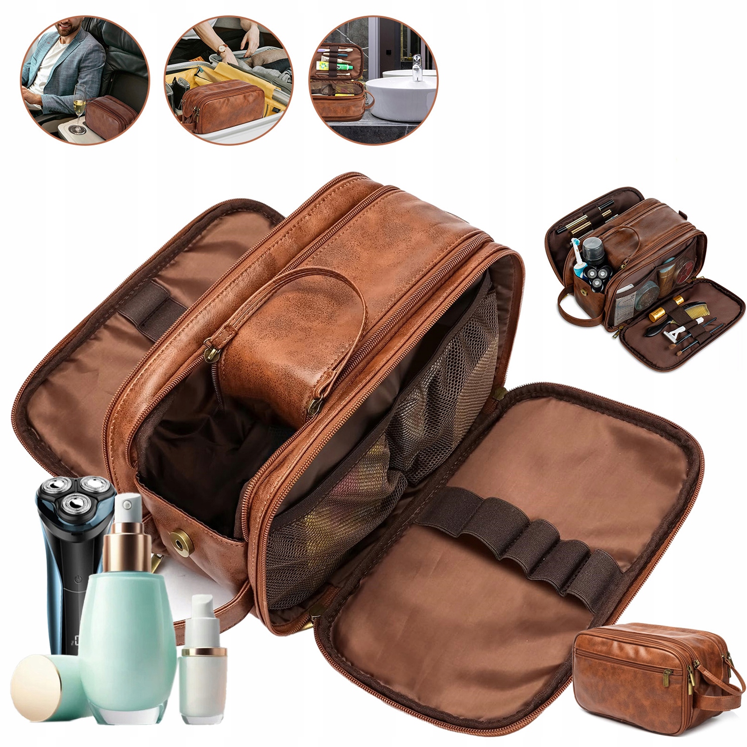 Pánská Cestovní Kosmetická Taška Z Kůže, Hnědá, 3 Komory, Organizér Na Potřeby