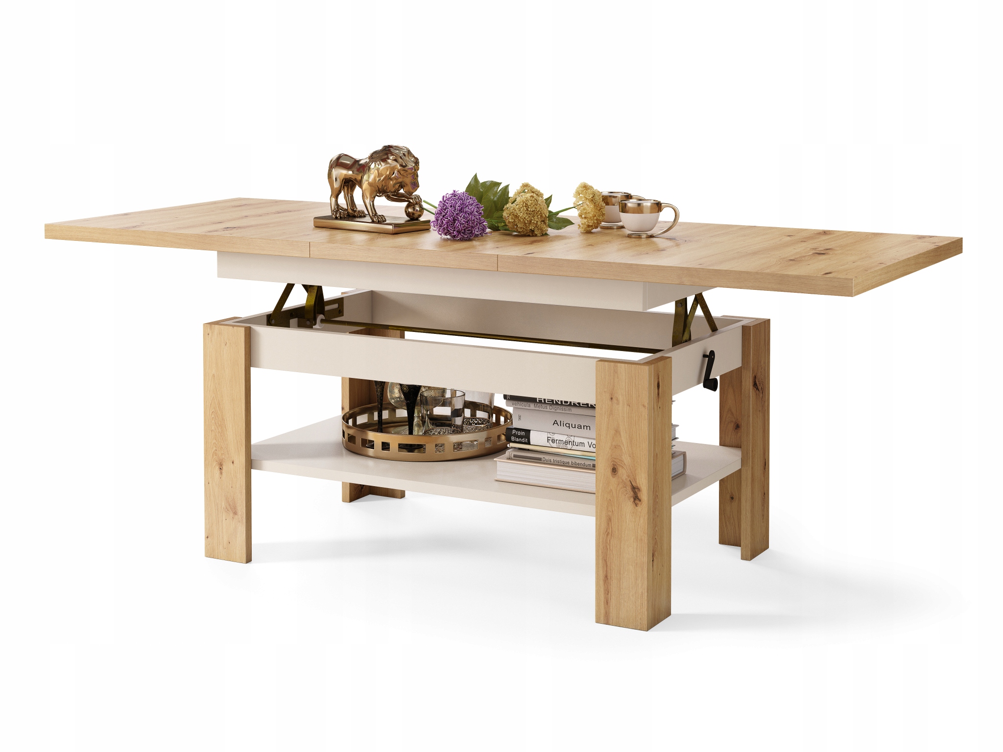RIO Dąb Artisan/Beżowy | ŁAWA ROZKŁADANA PODNOSZONA STÓŁ ŁAWOSTÓŁ Z PÓŁKĄ