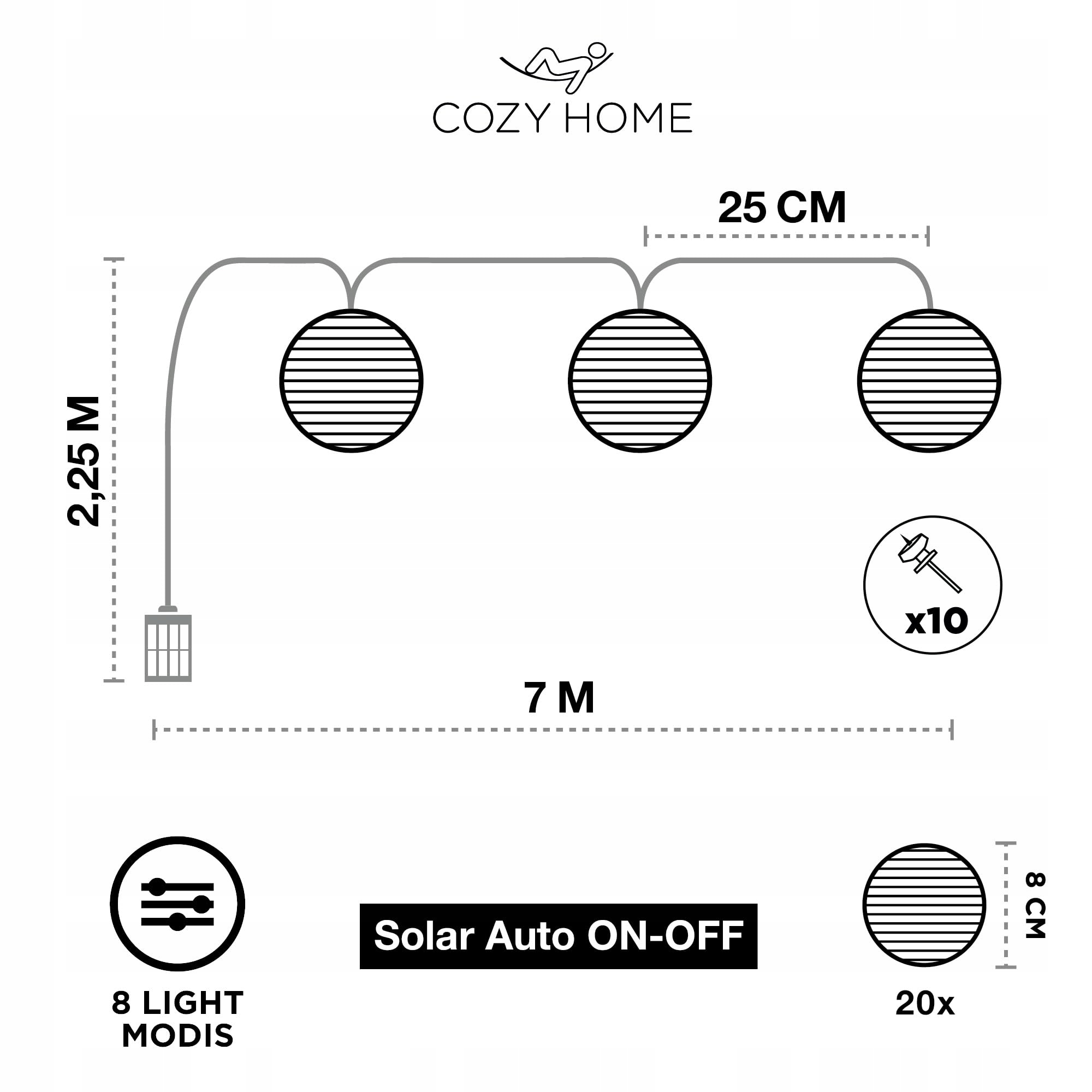 COZYHOME Lampiony Solarne LED 20 Sztuk 7m 8 Trybów Timer Ciepły Biały — miniatura 5