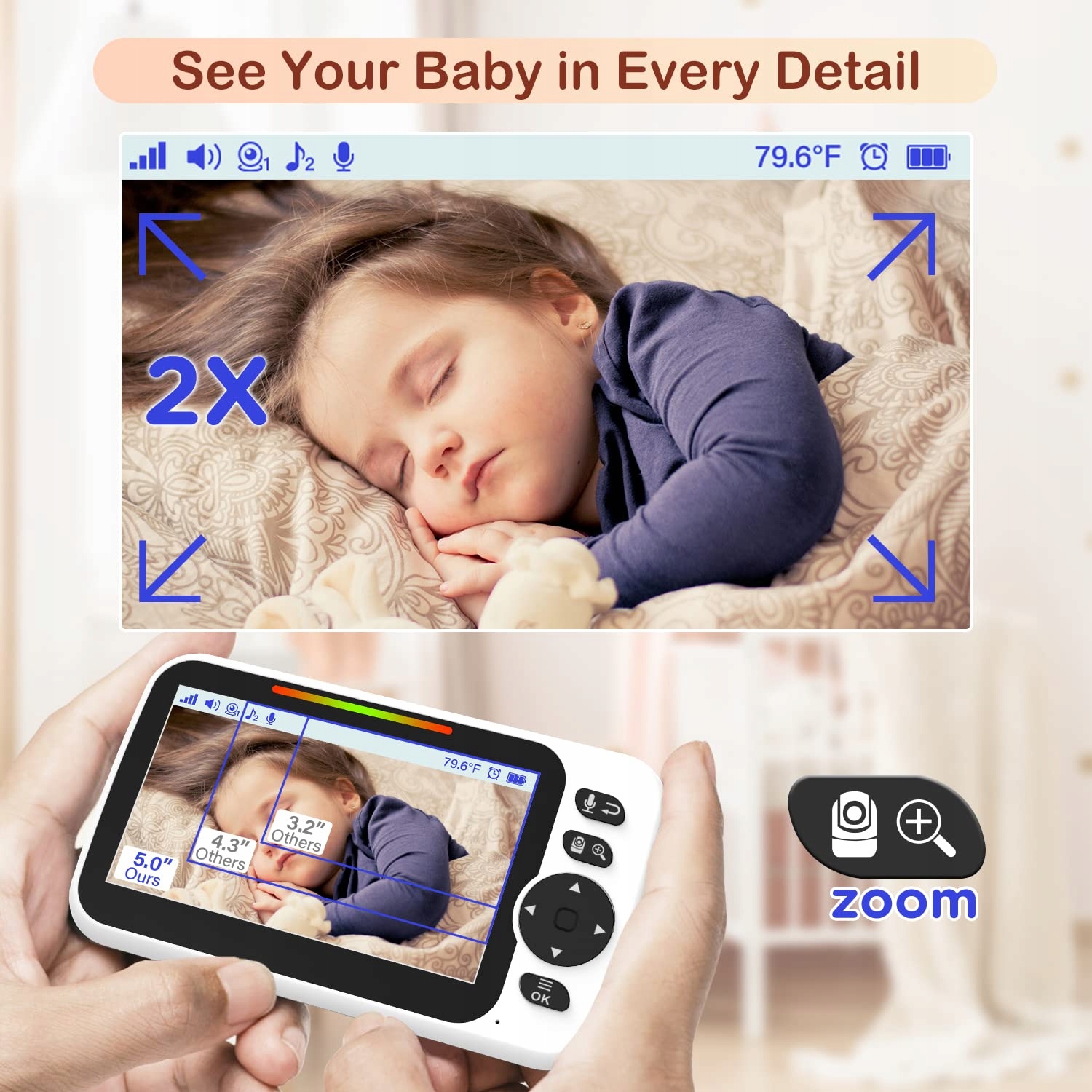 VTECH Niania Elektroniczna Kamera Audio 30h Bateria 5 Calowy Ekran — miniatura 5