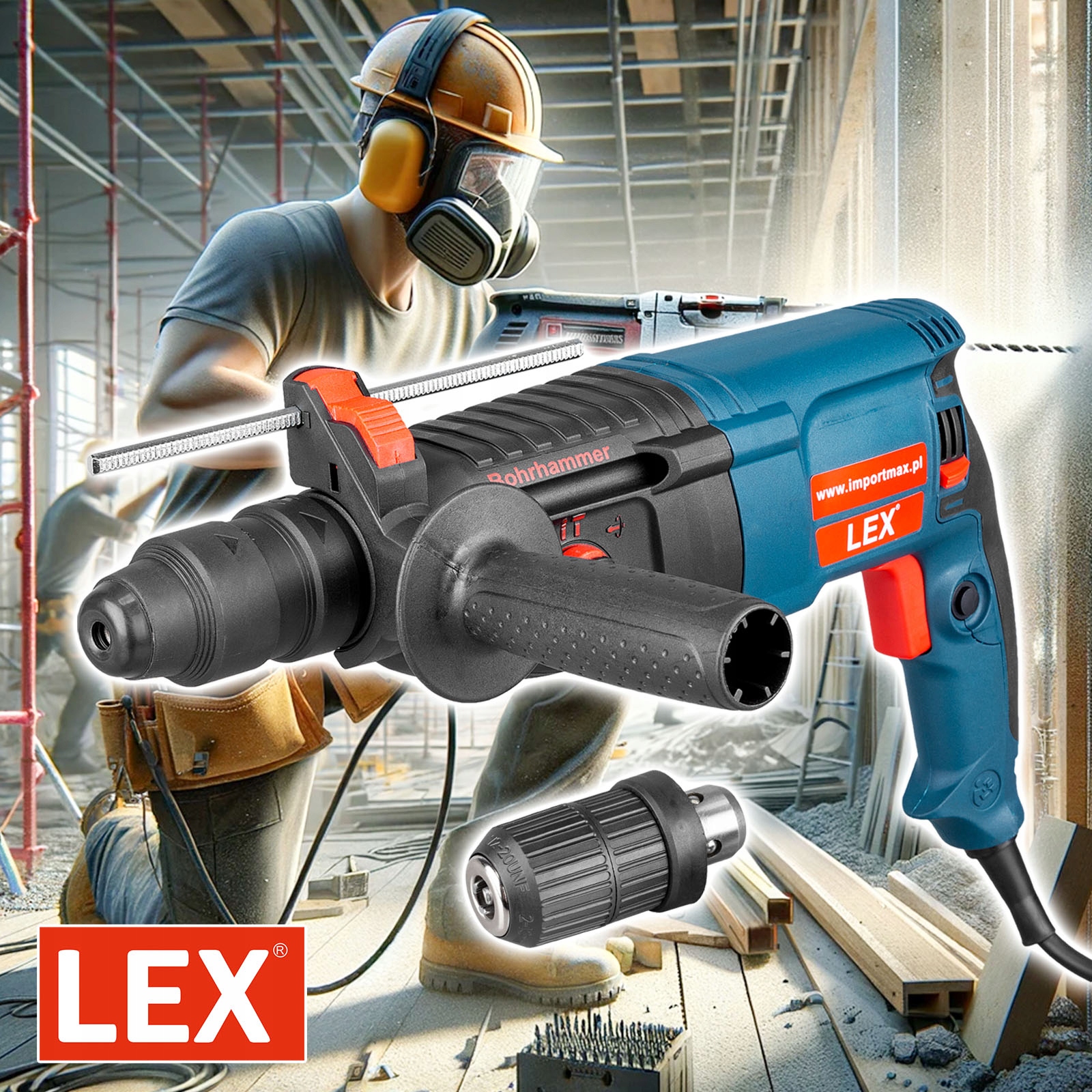 MŁOTOWIERTARKA WIERTARKA Z UDAREM MŁOT UDAROWY ZESTAW SDS + PLUS MOCNA Marka Lex