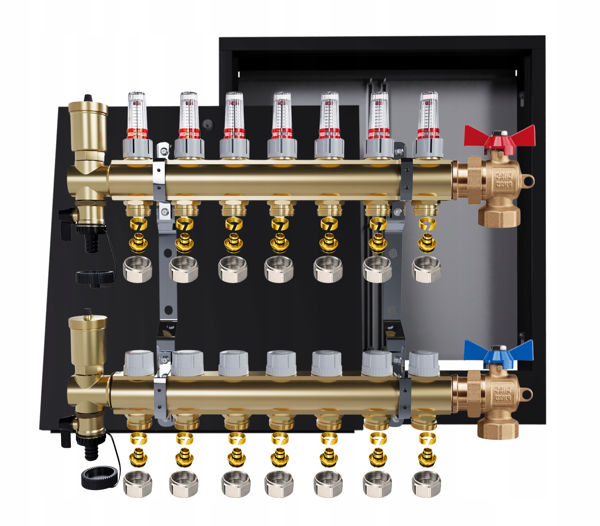 Mosadzný rozdeľovač podlahy 7 Obvody Nástenná skrinka čierna Pex