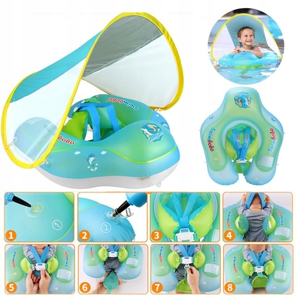 DMUCHANE KOŁO DO PŁYWANIA DLA DZIECI Z DASZKIEM PIERŚCIEŃ DLA NAJMŁODSZYCH Kolor odcienie niebieskiego