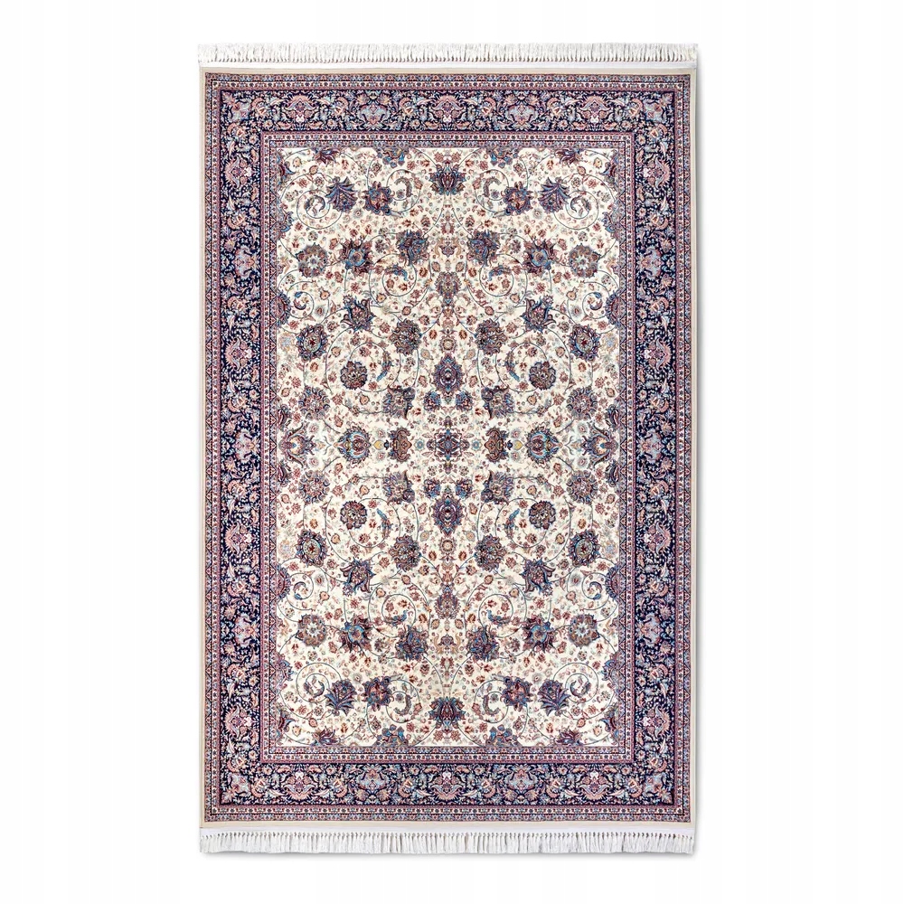 Koberec do obývacího pokoje 128 x 190 cm, klasický modro krémový koberec s třásněmi