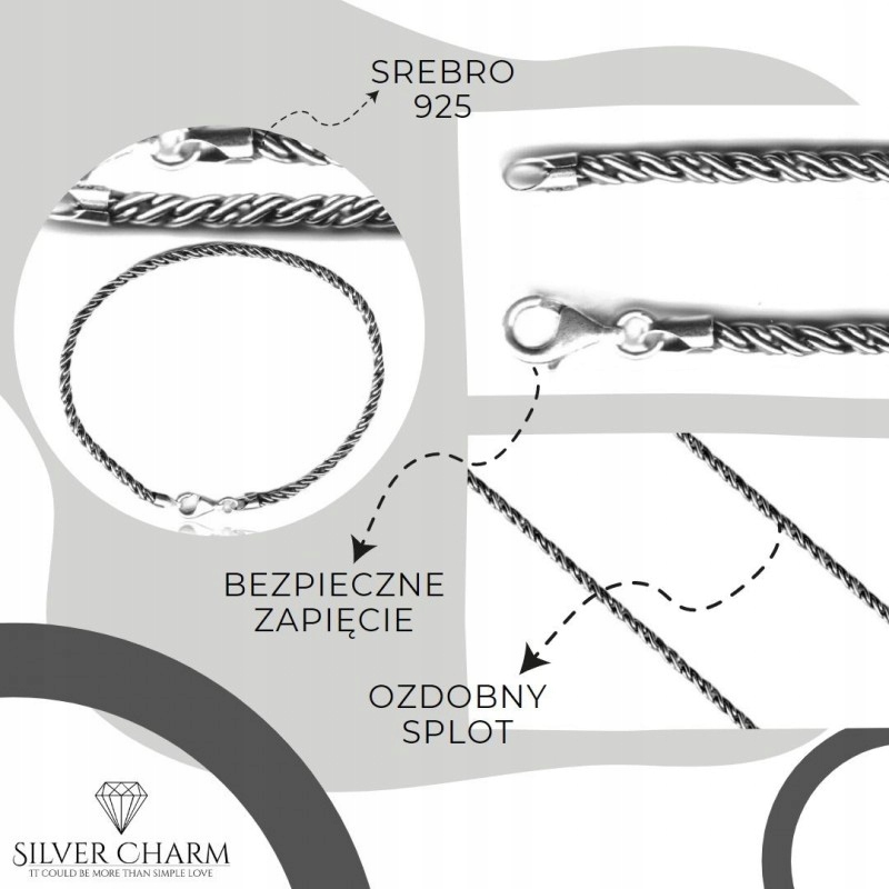 Bransoletka unikatowy splot Torchion torsion 1,1mm Próba srebra 925