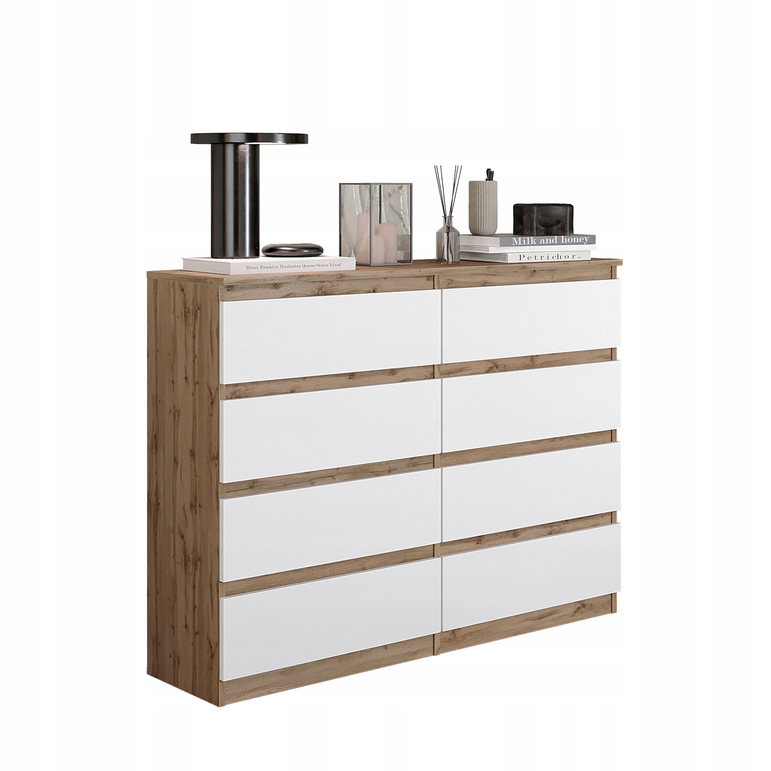 Komoda 120 CM Dub Wotan Biela Matná 8 Zásuviek, Obývacia Izba, Spálňa