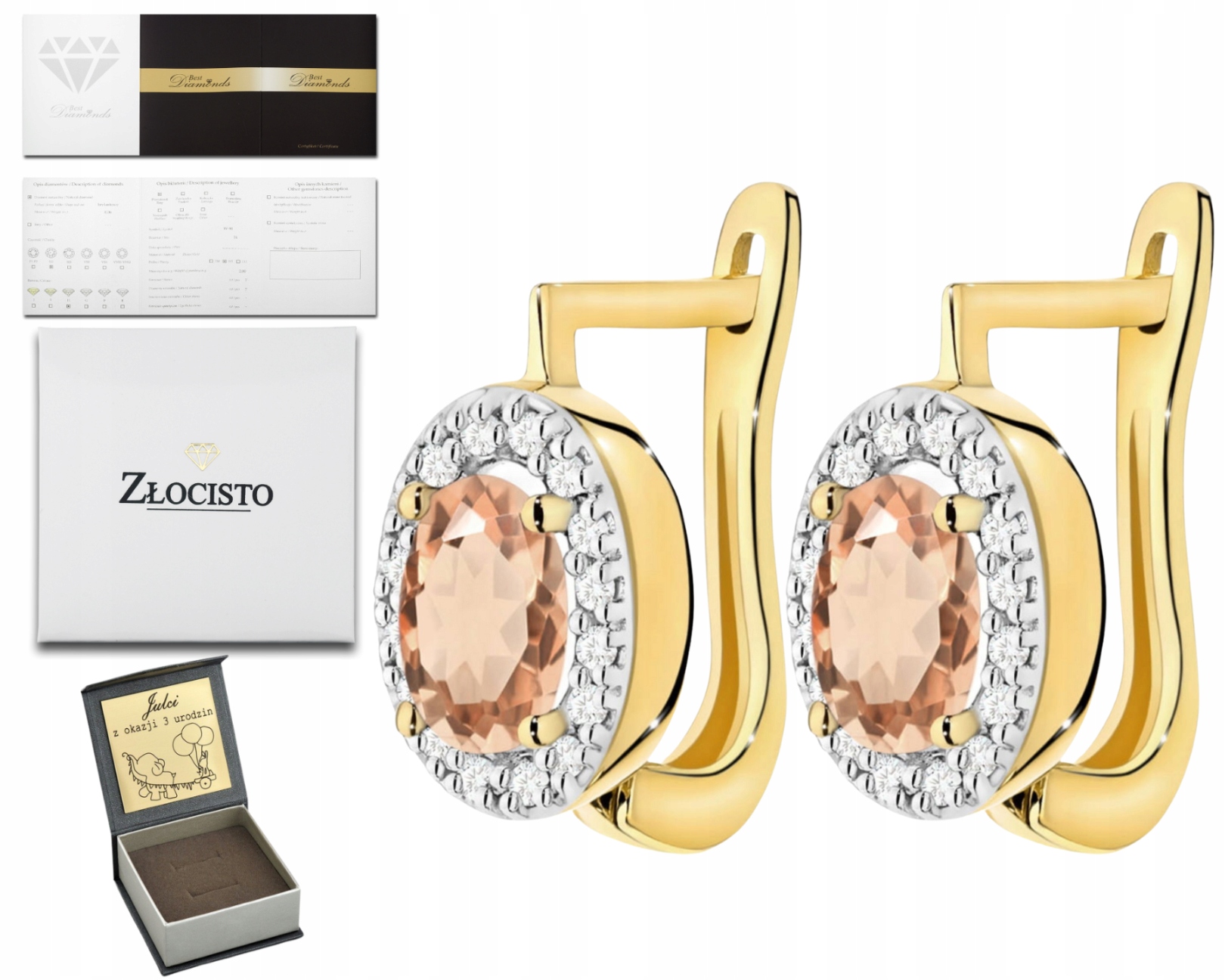 Zlaté Náušnice Přírodní Kámen Morganit A Anglické Diamanty Zapínání 585
