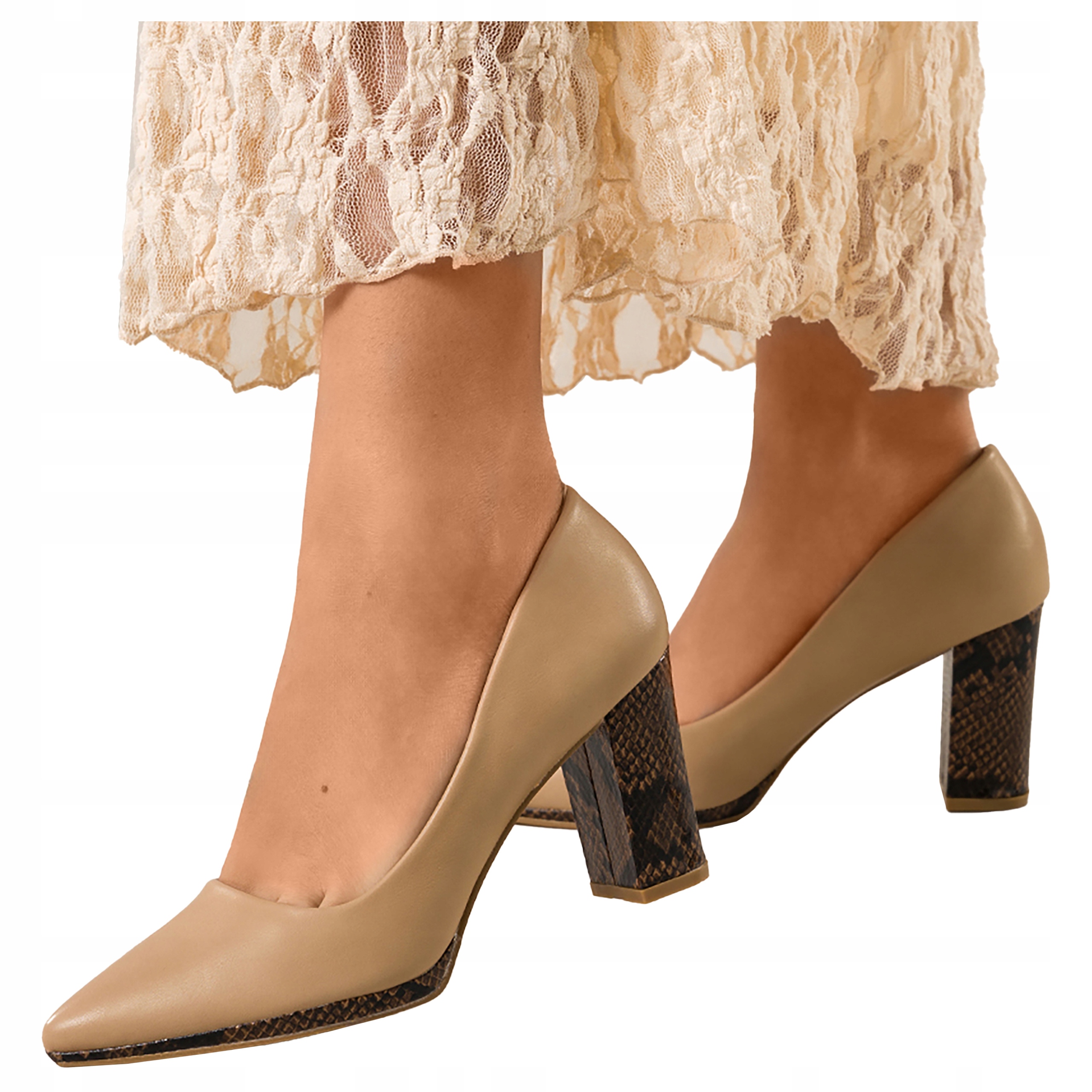 Beżowe Czółenka Damskie Ozdobnym Słupek Klasyczne r 37